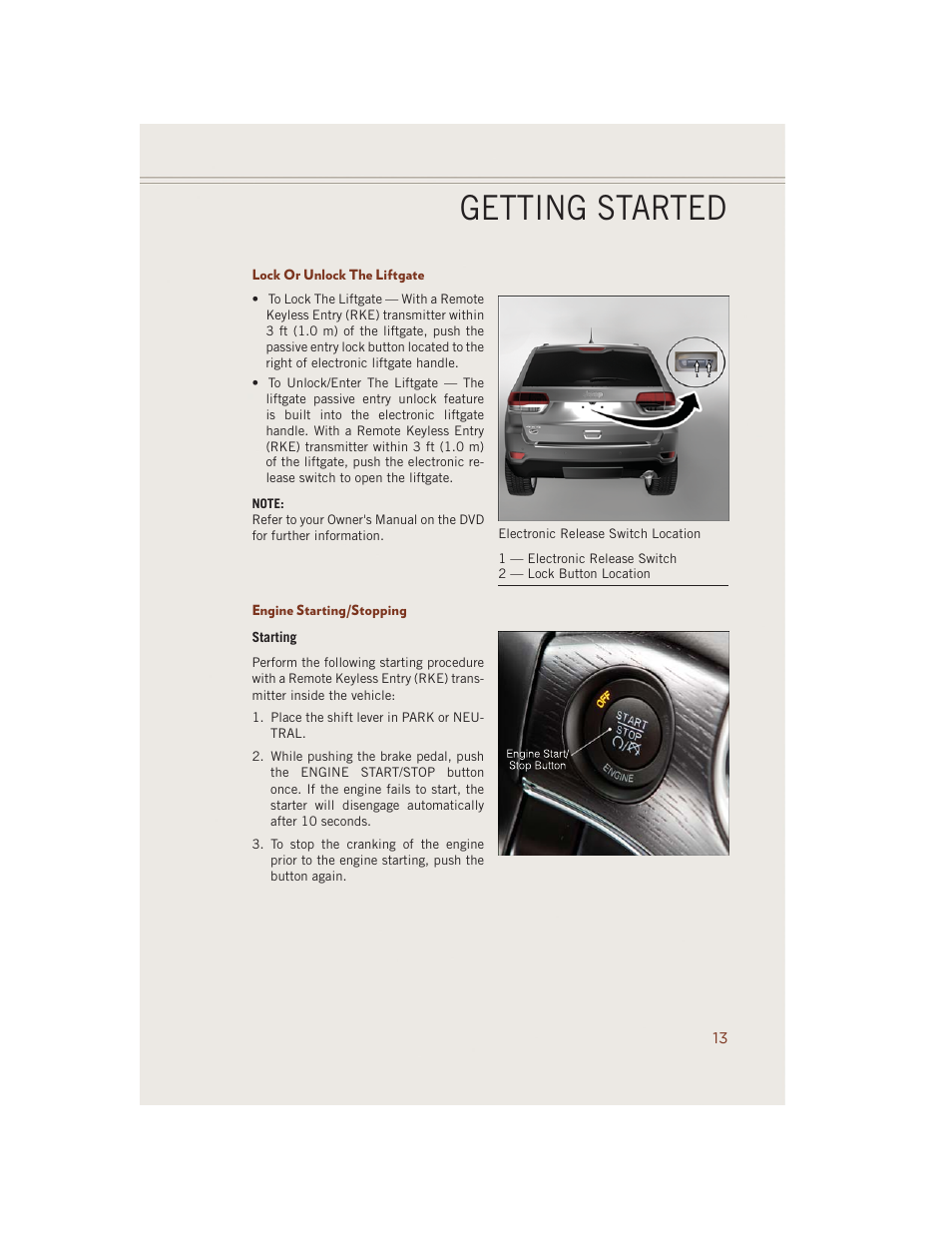 Lock or unlock the liftgate, Engine starting/stopping, Getting started | Jeep 2014 Grand Cherokee SRT - User Guide User Manual | Page 15 / 220