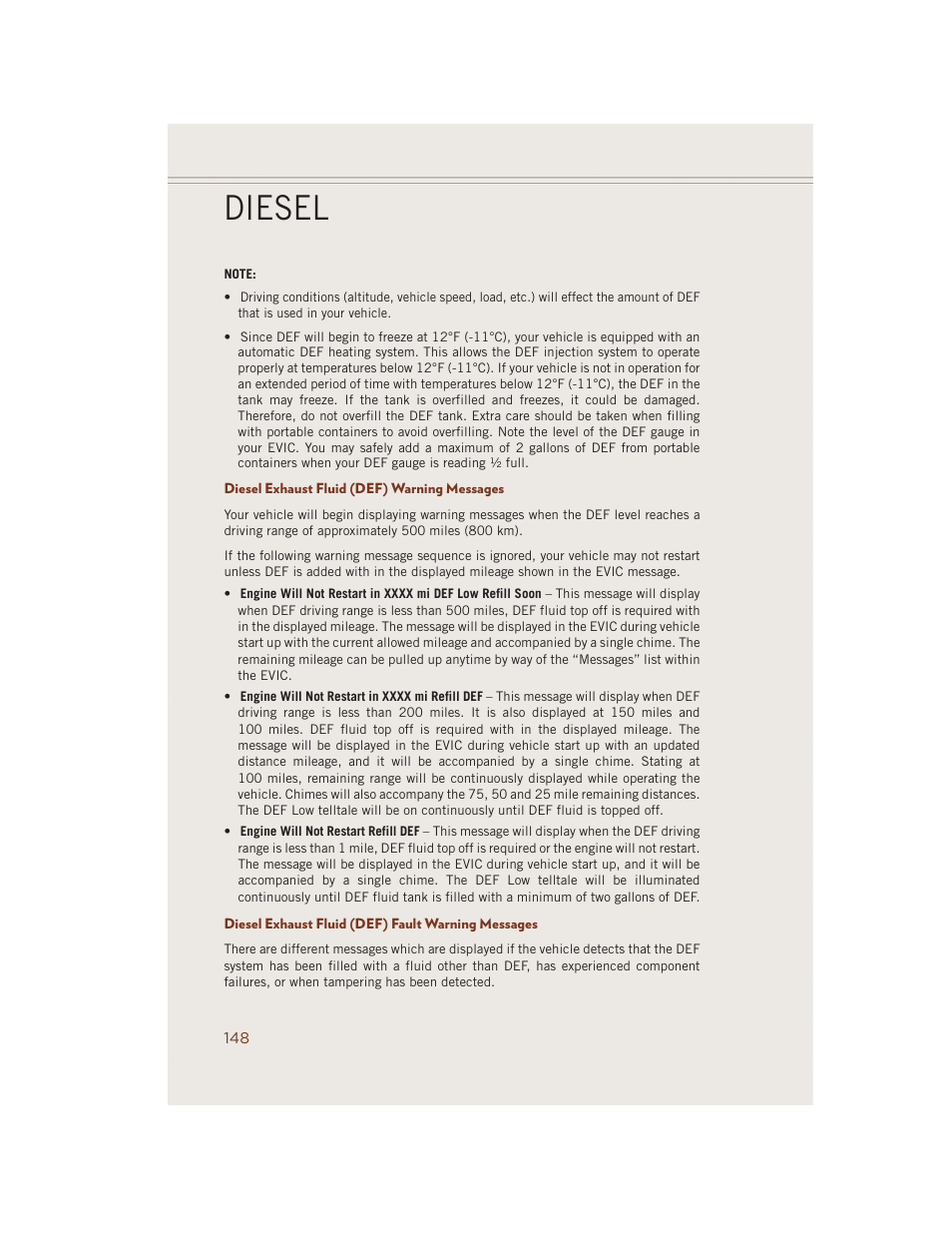 Diesel exhaust fluid (def) warning messages, Diesel exhaust fluid (def) fault warning messages, Diesel | Jeep 2014 Grand Cherokee SRT - User Guide User Manual | Page 150 / 220