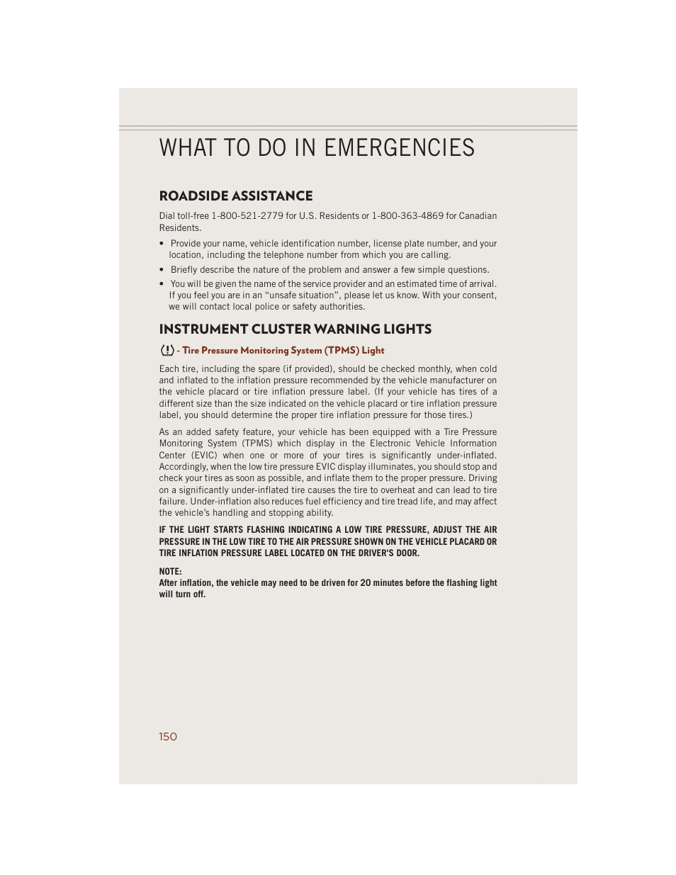 What to do in emergencies, Roadside assistance, Instrument cluster warning lights | Tire pressure monitoring system (tpms) light | Jeep 2014 Grand Cherokee SRT - User Guide User Manual | Page 152 / 220