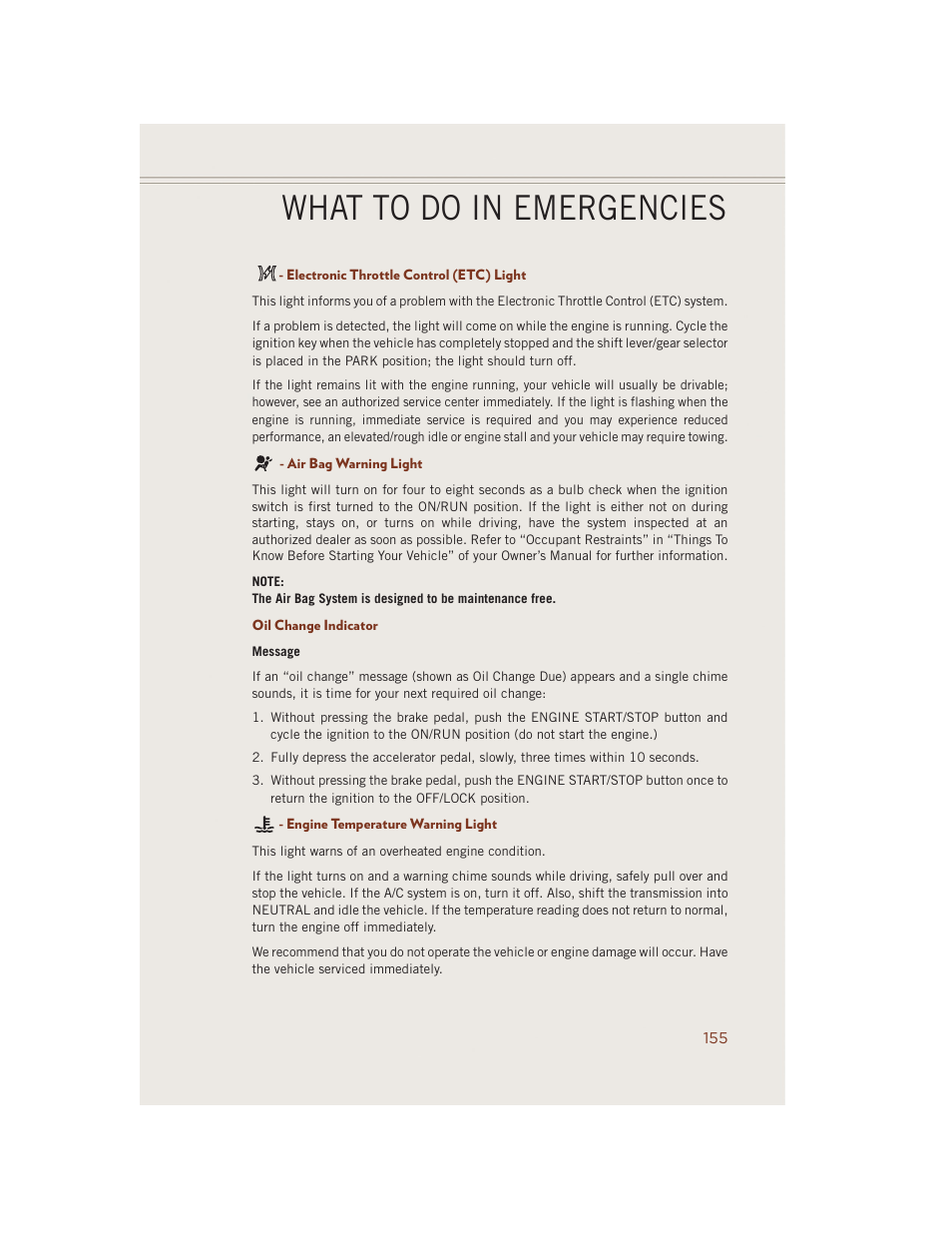 Electronic throttle control (etc) light, Air bag warning light, Oil change indicator | Engine temperature warning light, What to do in emergencies | Jeep 2014 Grand Cherokee SRT - User Guide User Manual | Page 157 / 220