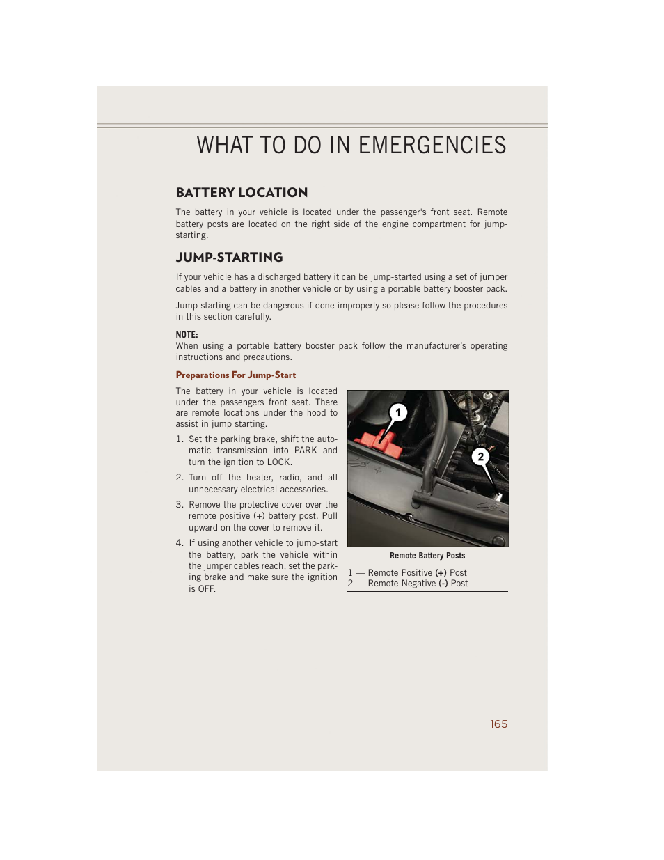 Battery location, Jump-starting, Preparations for jump-start | What to do in emergencies | Jeep 2014 Grand Cherokee SRT - User Guide User Manual | Page 167 / 220