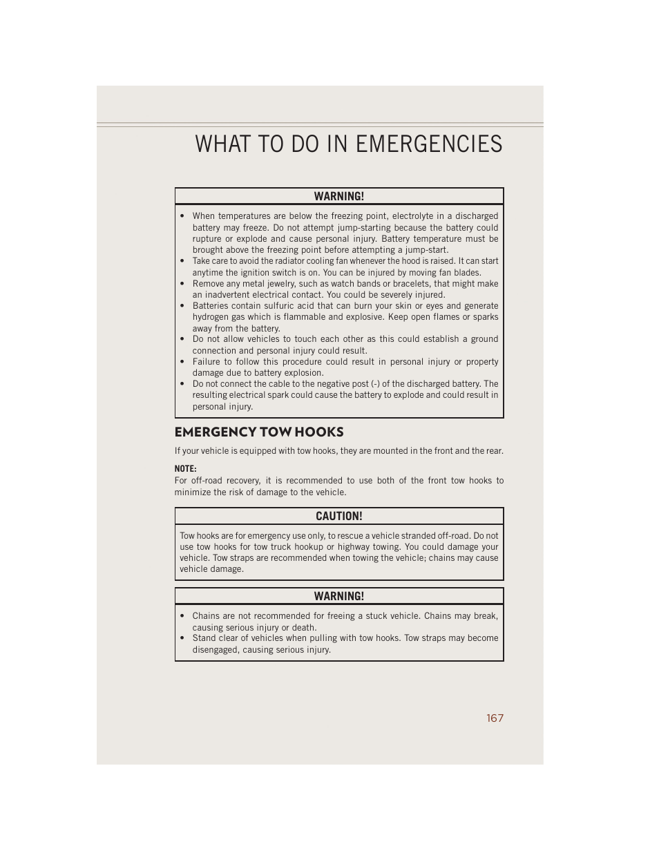 Emergency tow hooks, What to do in emergencies | Jeep 2014 Grand Cherokee SRT - User Guide User Manual | Page 169 / 220
