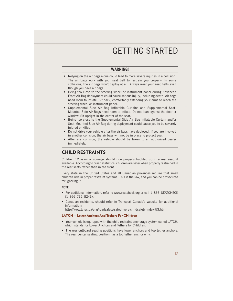 Child restraints, Latch — lower anchors and tethers for children, Getting started | Jeep 2014 Grand Cherokee SRT - User Guide User Manual | Page 19 / 220