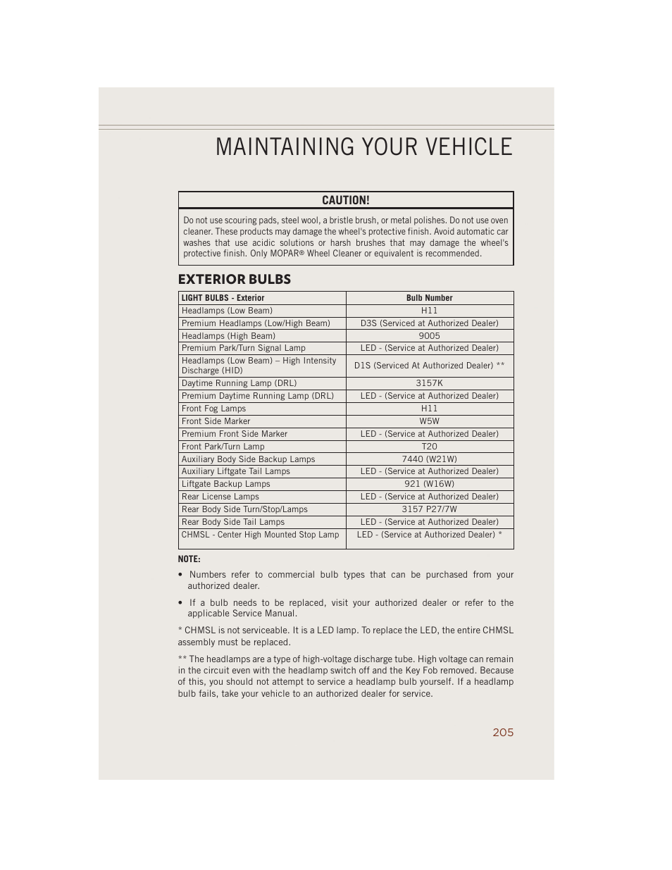 Exterior bulbs, Maintaining your vehicle, Caution | Jeep 2014 Grand Cherokee SRT - User Guide User Manual | Page 207 / 220