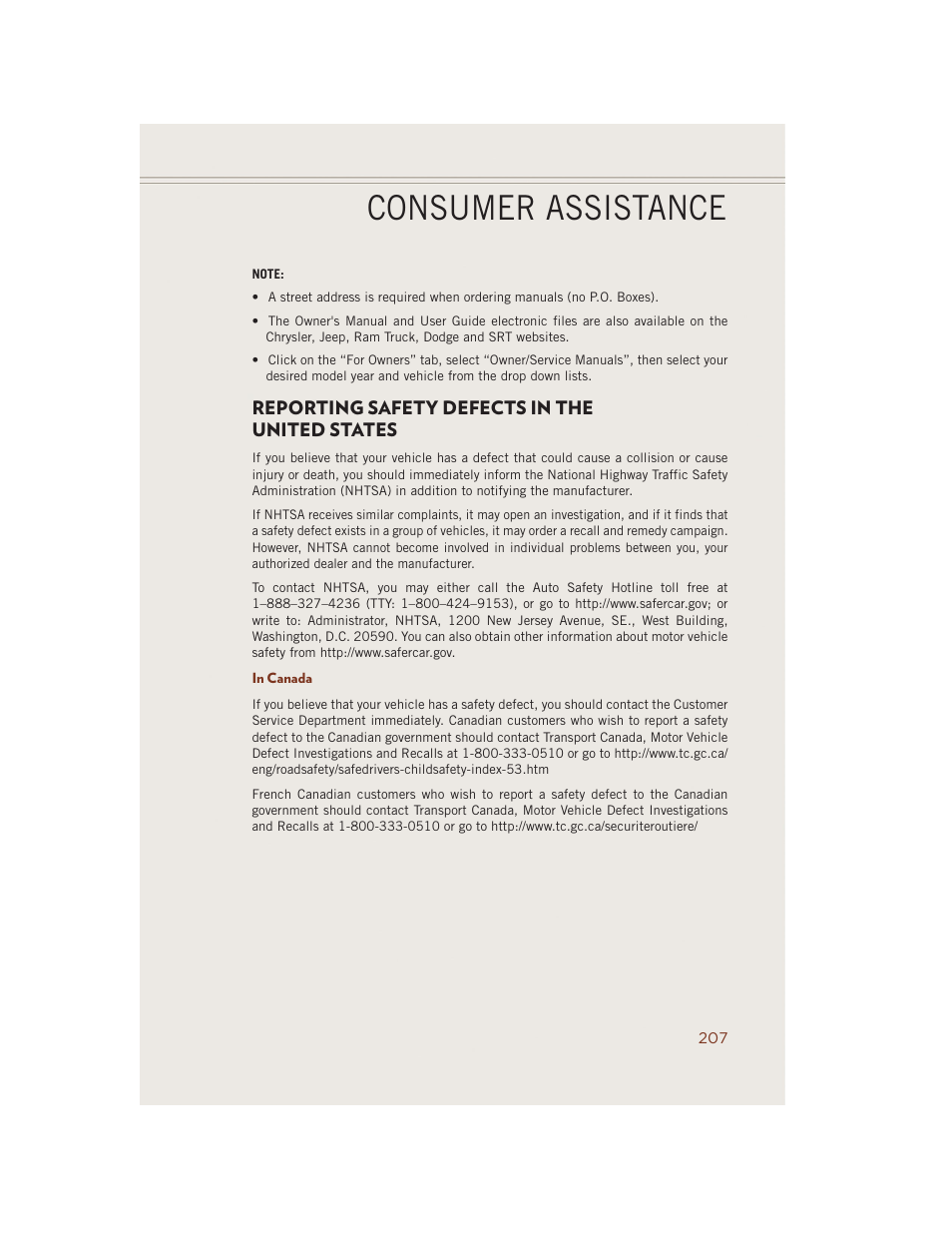Reporting safety defects in the united states, In canada, Consumer assistance | Jeep 2014 Grand Cherokee SRT - User Guide User Manual | Page 209 / 220