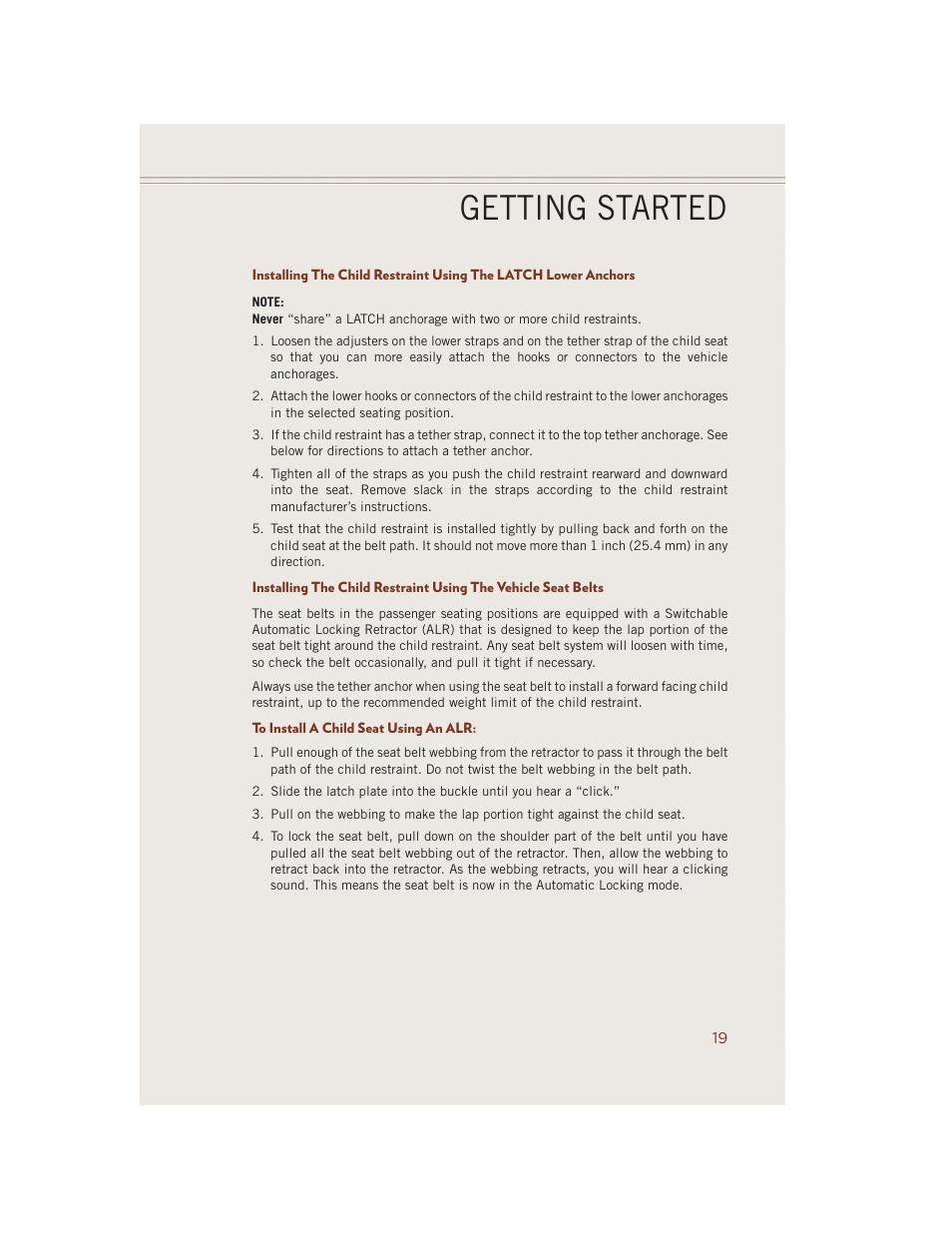 To install a child seat using an alr, Getting started | Jeep 2014 Grand Cherokee SRT - User Guide User Manual | Page 21 / 220