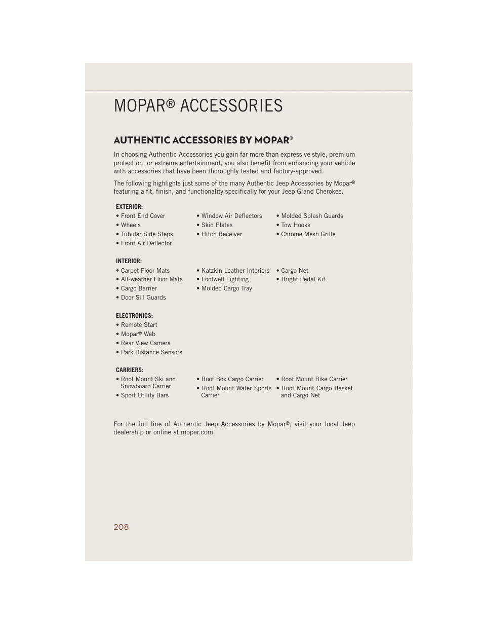 Mopar® accessories, Authentic accessories by mopar, Mopar | Accessories | Jeep 2014 Grand Cherokee SRT - User Guide User Manual | Page 210 / 220