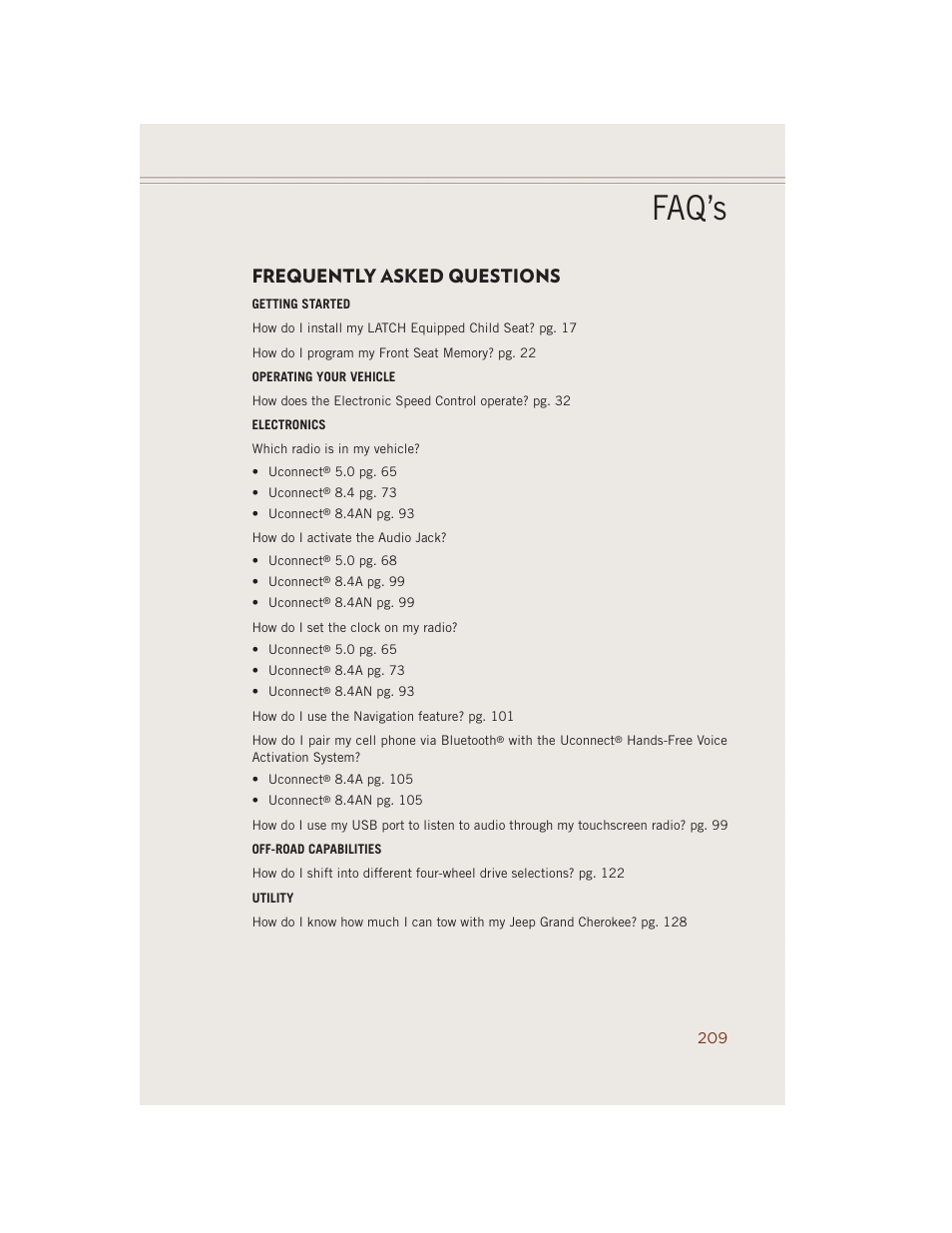 Faq's, Frequently asked questions, Faq’s | Jeep 2014 Grand Cherokee SRT - User Guide User Manual | Page 211 / 220