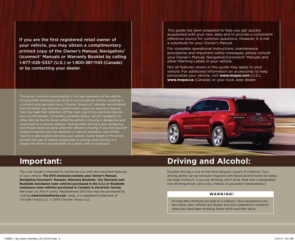Important, Driving and alcohol | Jeep 2014 Grand Cherokee SRT - User Guide User Manual | Page 219 / 220