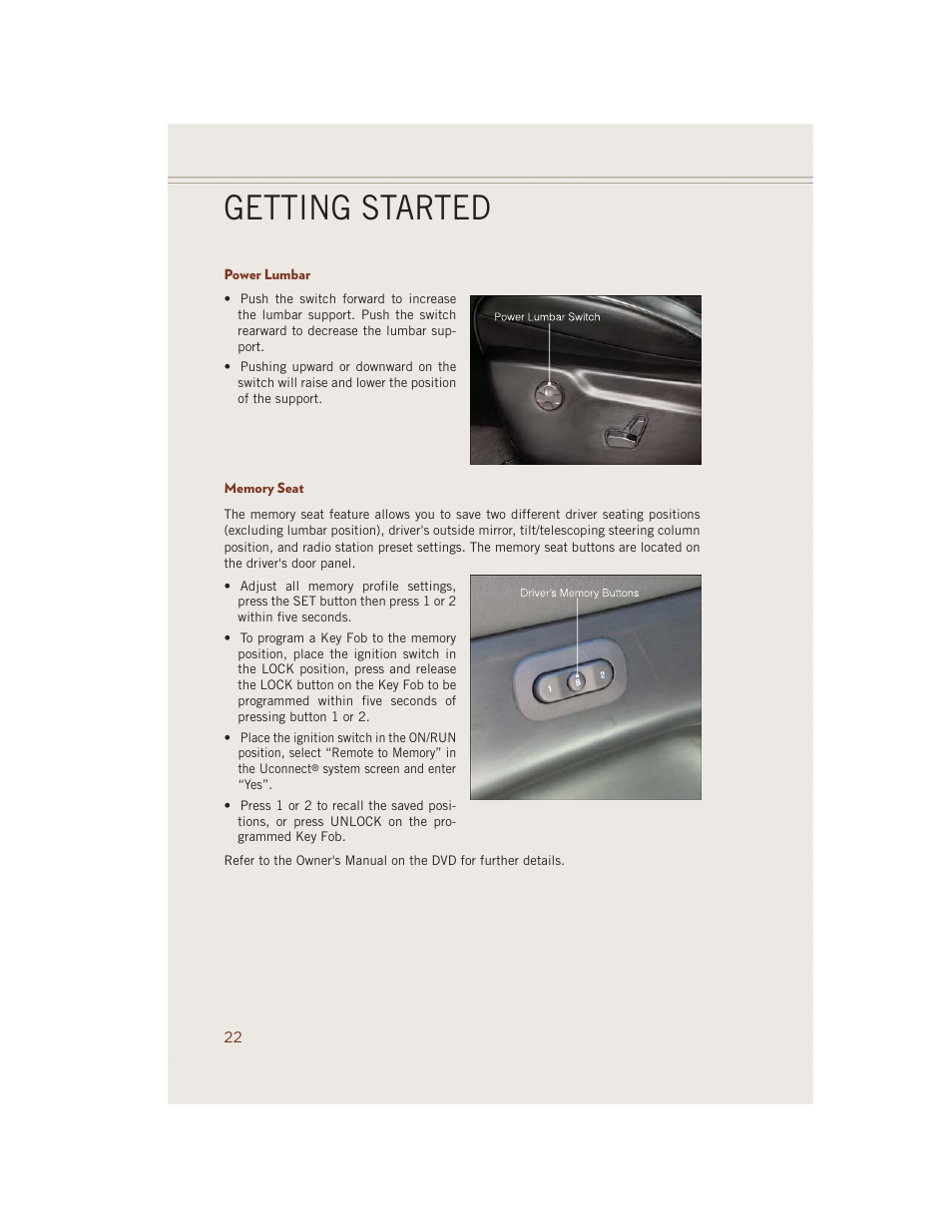 Power lumbar, Memory seat, Getting started | Jeep 2014 Grand Cherokee SRT - User Guide User Manual | Page 24 / 220