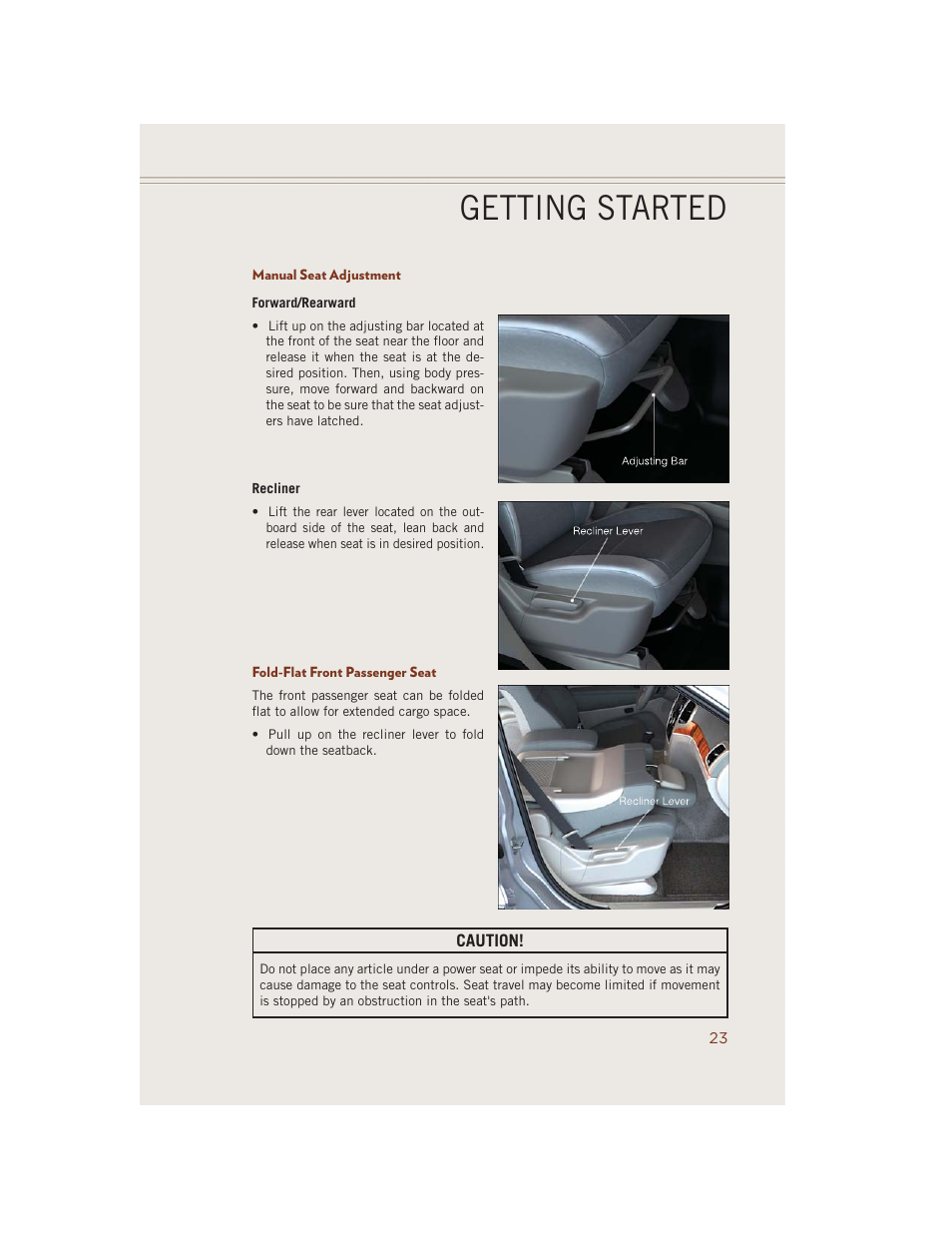 Manual seat adjustment, Fold-flat front passenger seat, Getting started | Jeep 2014 Grand Cherokee SRT - User Guide User Manual | Page 25 / 220