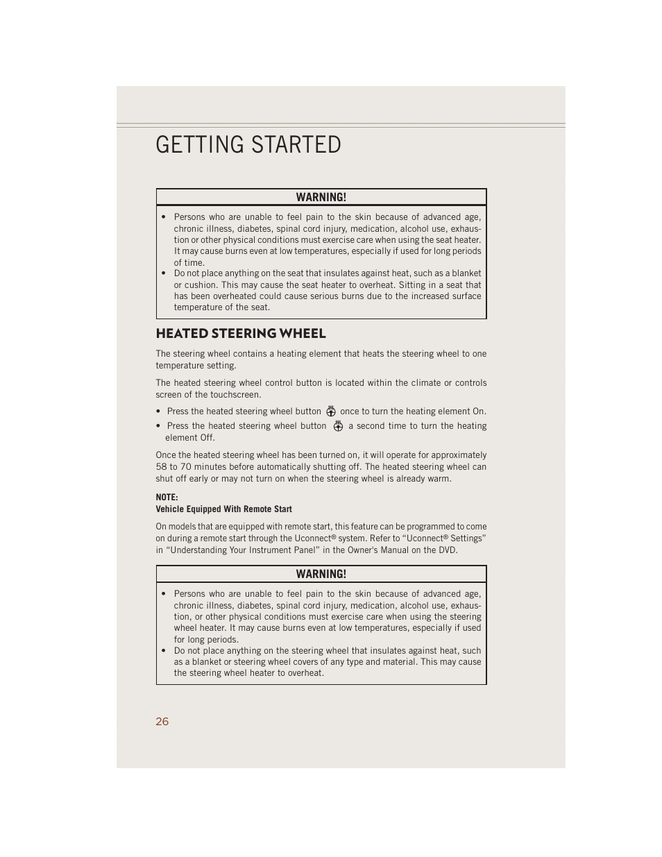 Heated steering wheel, Getting started | Jeep 2014 Grand Cherokee SRT - User Guide User Manual | Page 28 / 220