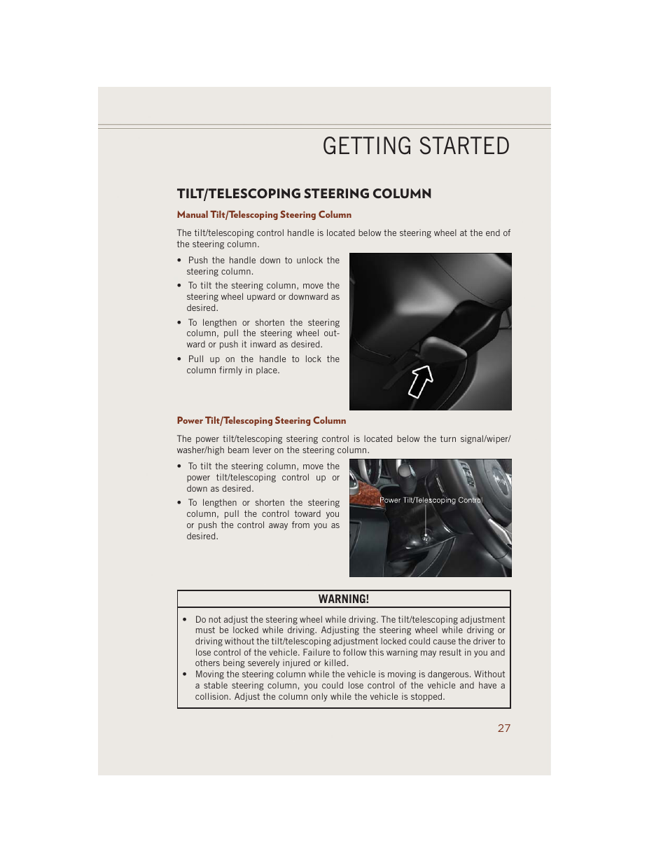 Tilt/telescoping steering column, Manual tilt/telescoping steering column, Power tilt/telescoping steering column | Getting started | Jeep 2014 Grand Cherokee SRT - User Guide User Manual | Page 29 / 220