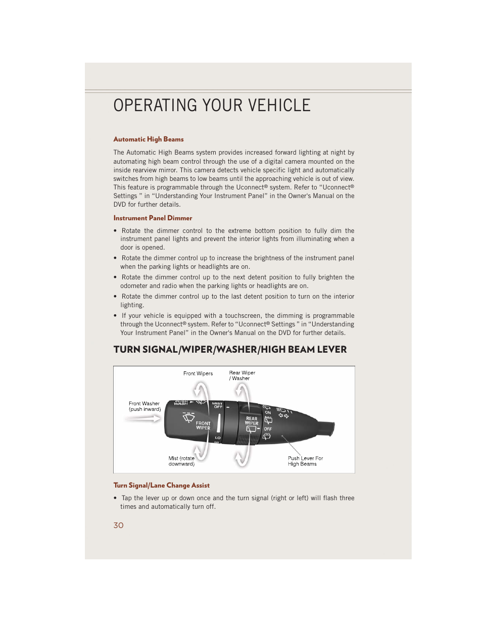 Automatic high beams, Instrument panel dimmer, Turn signal/wiper/washer/high beam lever | Turn signal/lane change assist, Operating your vehicle | Jeep 2014 Grand Cherokee SRT - User Guide User Manual | Page 32 / 220