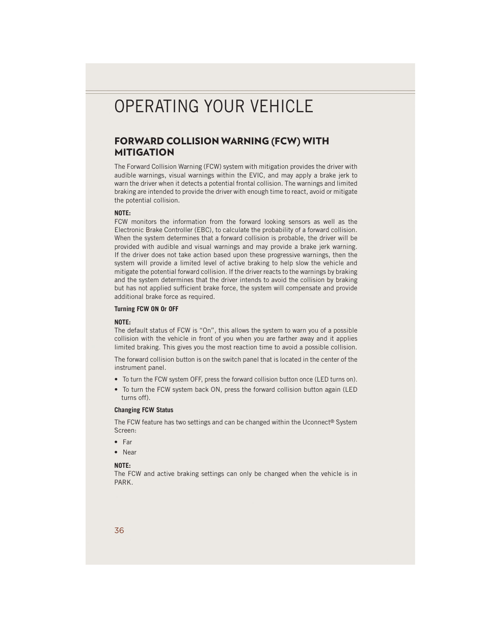 Forward collision warning (fcw) with mitigation, Operating your vehicle | Jeep 2014 Grand Cherokee SRT - User Guide User Manual | Page 38 / 220