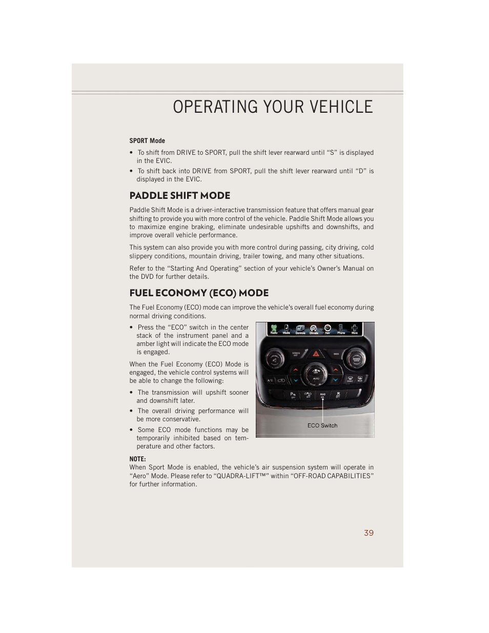 Paddle shift mode, Fuel economy (eco) mode, Paddle shift mode fuel economy (eco) mode | Operating your vehicle | Jeep 2014 Grand Cherokee SRT - User Guide User Manual | Page 41 / 220