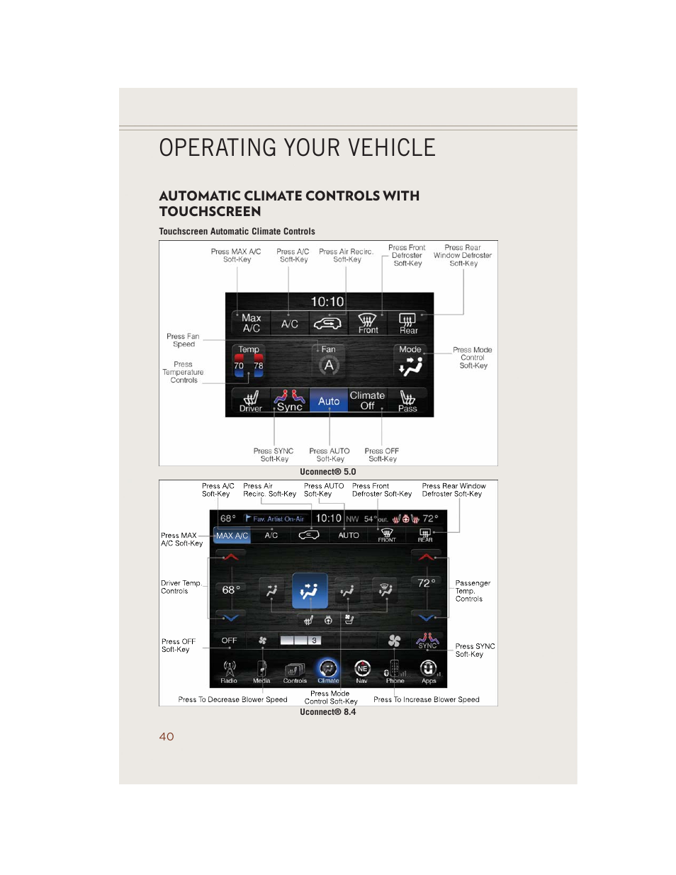 Automatic climate controls with touchscreen, Operating your vehicle | Jeep 2014 Grand Cherokee SRT - User Guide User Manual | Page 42 / 220