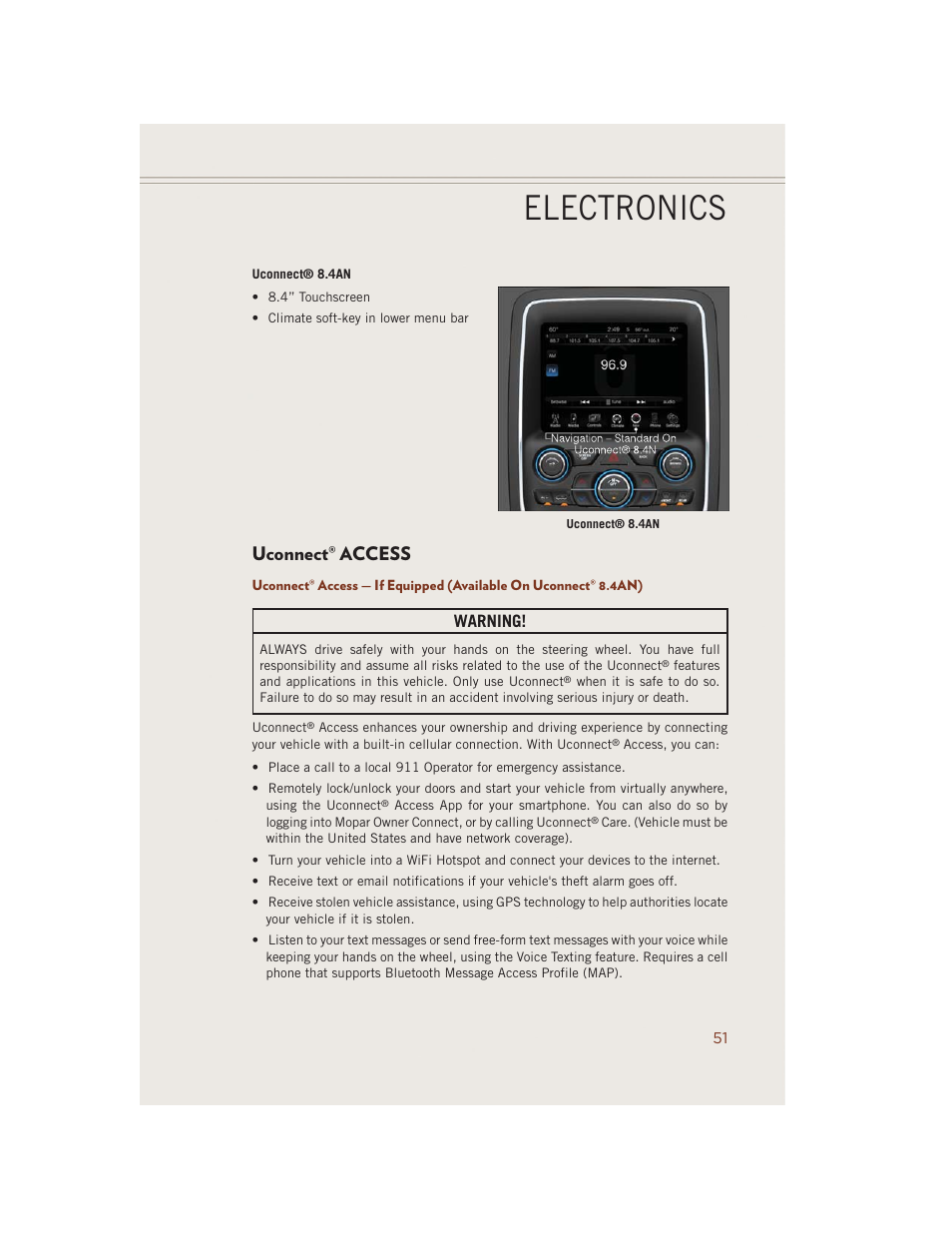 Uconnect® access, Uconnect, Access | Electronics, Warning | Jeep 2014 Grand Cherokee SRT - User Guide User Manual | Page 53 / 220