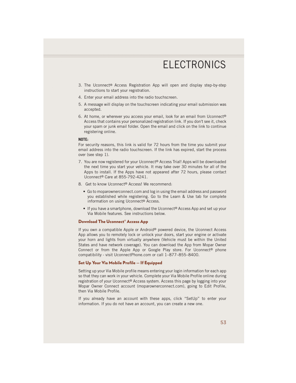 Download the uconnect® access app, Set up your via mobile profile — if equipped, Electronics | Jeep 2014 Grand Cherokee SRT - User Guide User Manual | Page 55 / 220