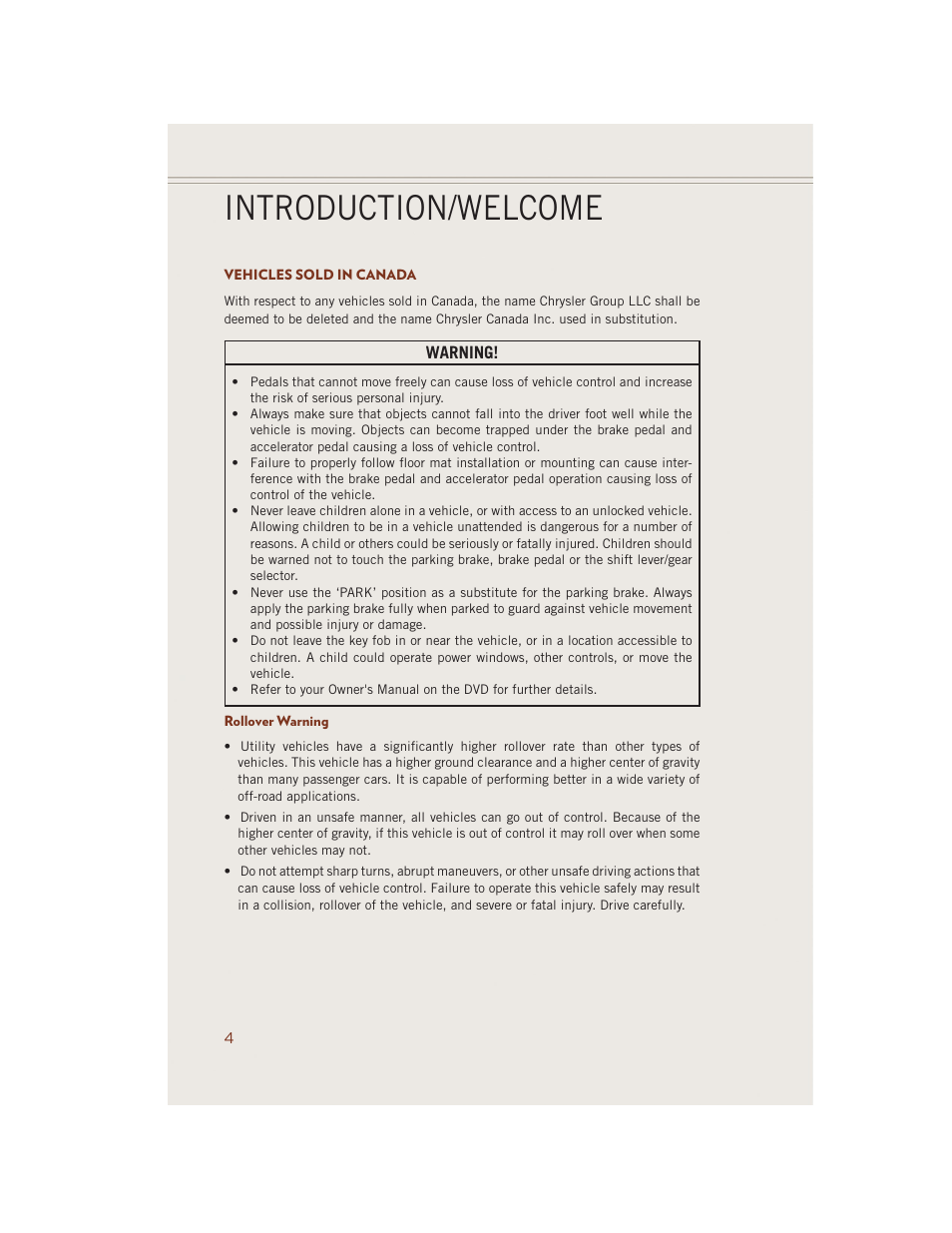 Vehicles sold in canada, Rollover warning, Introduction/welcome | Jeep 2014 Grand Cherokee SRT - User Guide User Manual | Page 6 / 220