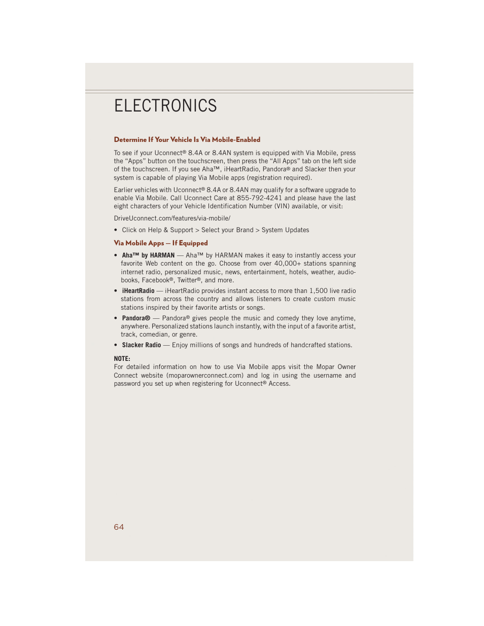 Determine if your vehicle is via mobile-enabled, Via mobile apps — if equipped, Electronics | Jeep 2014 Grand Cherokee SRT - User Guide User Manual | Page 66 / 220
