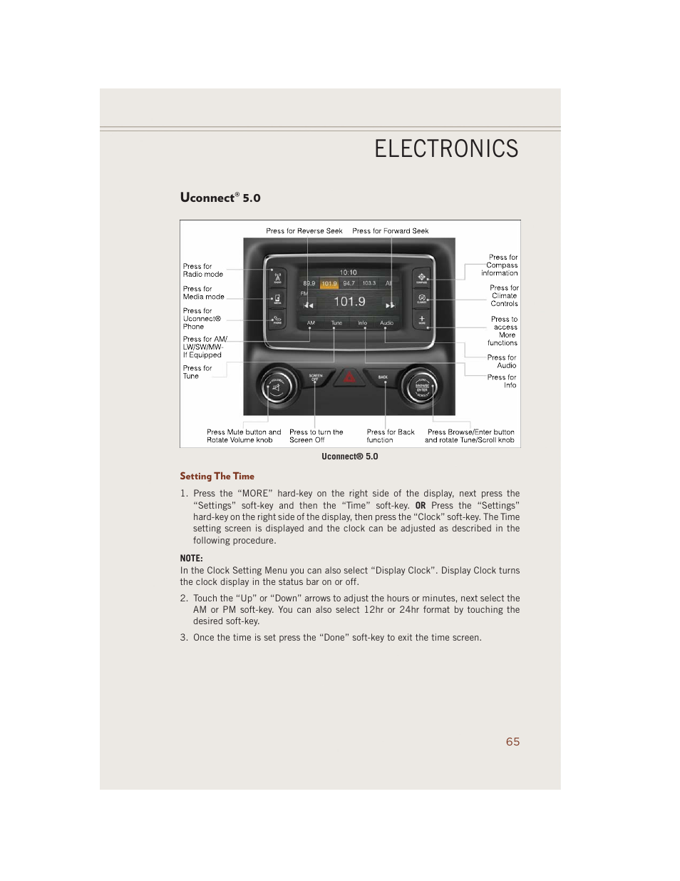 Uconnect® 5.0, Setting the time, Uconnect | Electronics | Jeep 2014 Grand Cherokee SRT - User Guide User Manual | Page 67 / 220