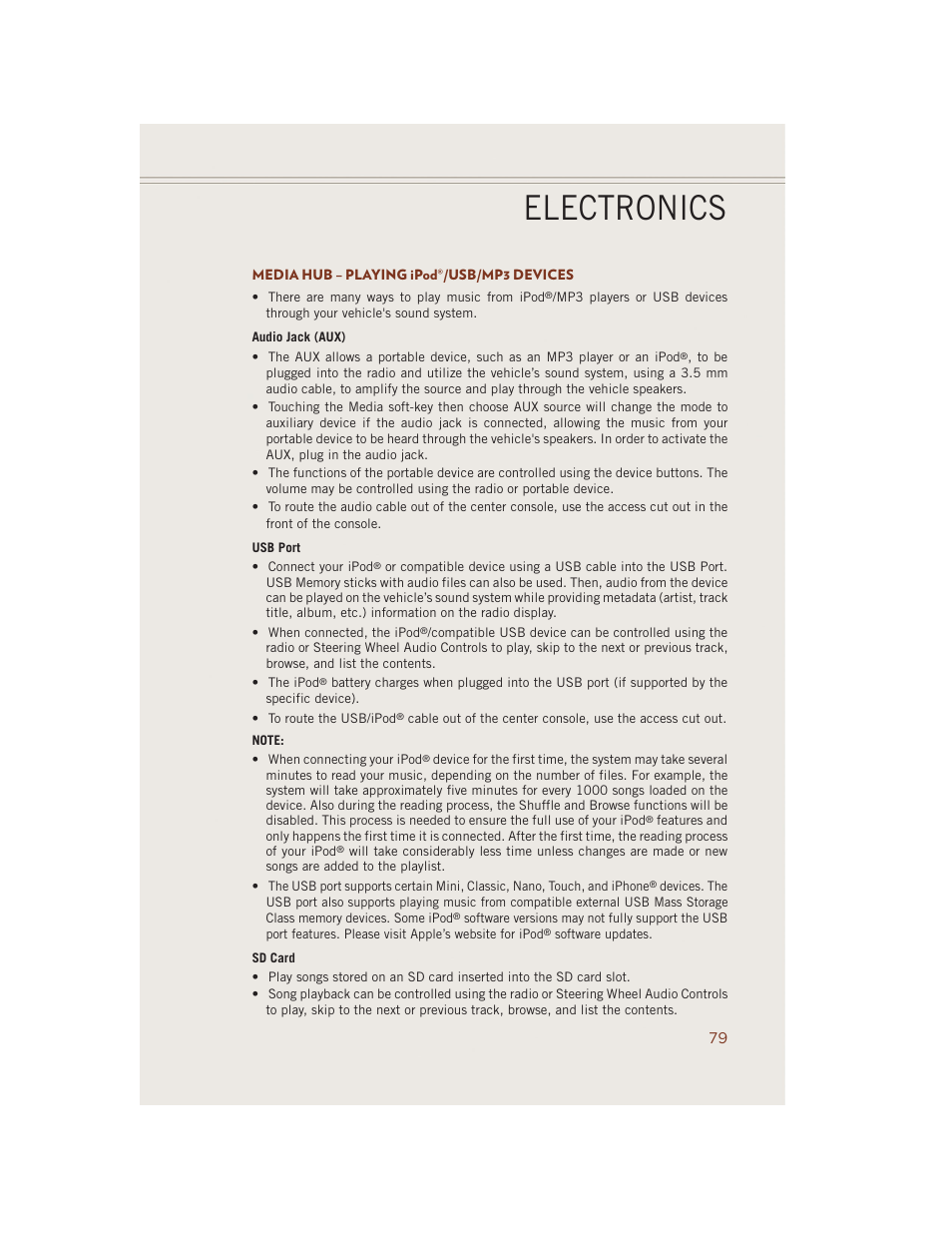 Media hub – playing ipod®/usb/mp3 devices, Electronics | Jeep 2014 Grand Cherokee SRT - User Guide User Manual | Page 81 / 220