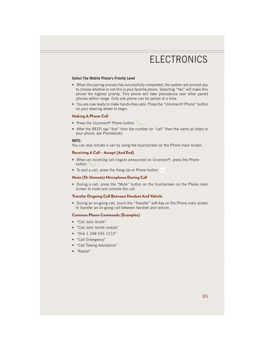 Making a phone call, Receiving a call – accept (and end), Mute (or unmute) microphone during call | Transfer ongoing call between handset and vehicle, Common phone commands (examples), Electronics | Jeep 2014 Grand Cherokee SRT - User Guide User Manual | Page 87 / 220