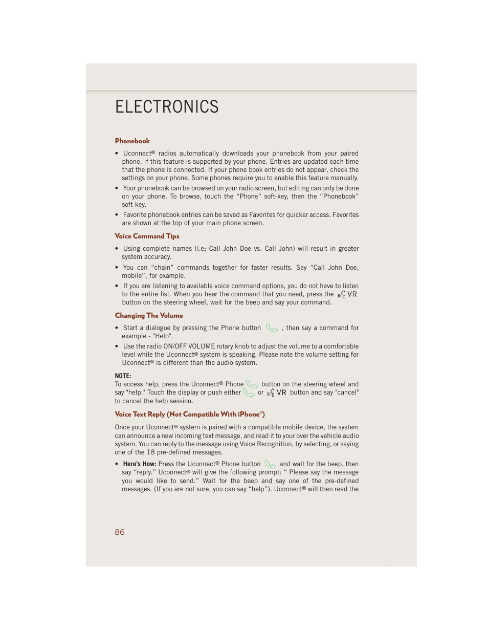 Phonebook, Voice command tips, Changing the volume | Voice text reply (not compatible with iphone®), Electronics | Jeep 2014 Grand Cherokee SRT - User Guide User Manual | Page 88 / 220