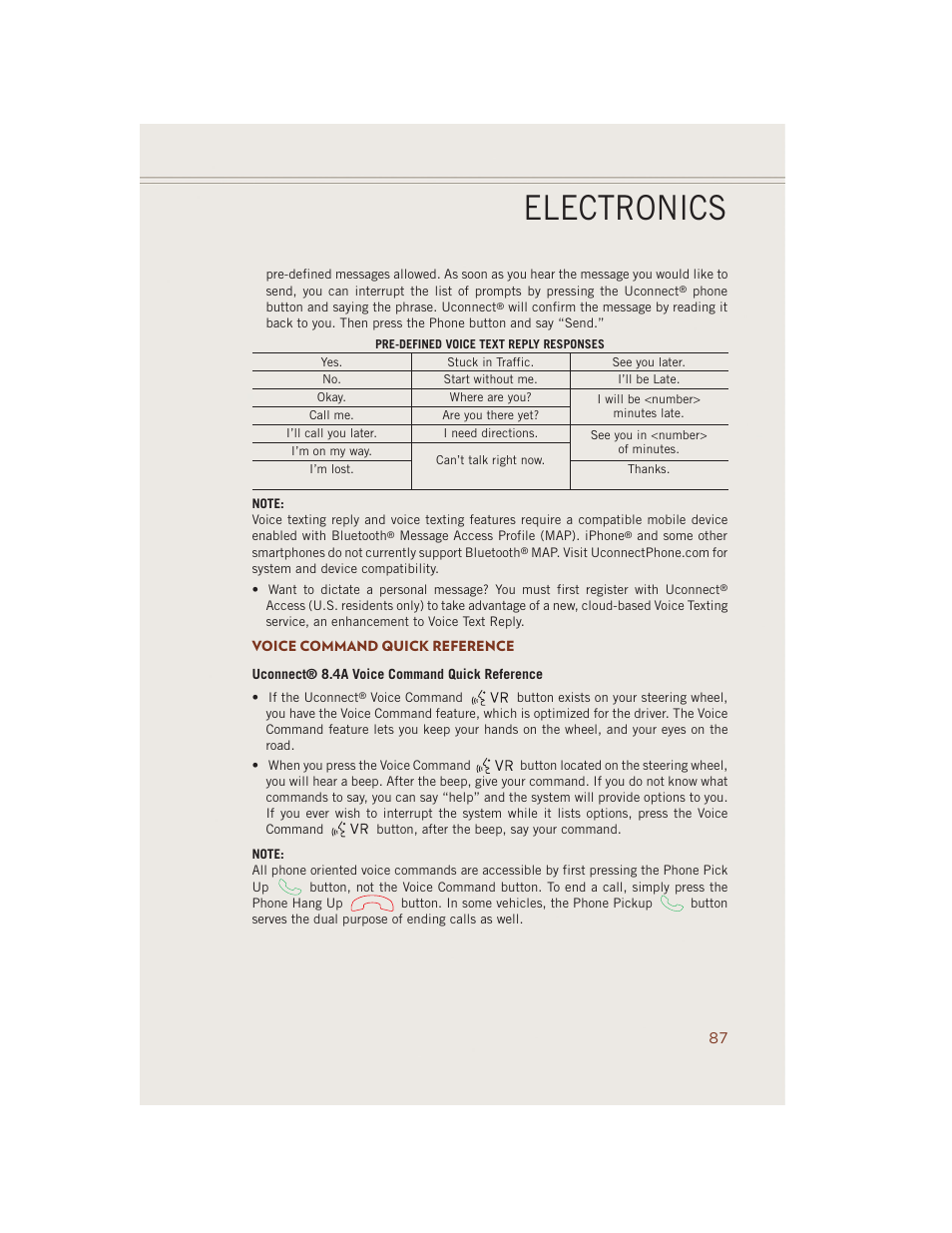 Voice command quick reference, Electronics | Jeep 2014 Grand Cherokee SRT - User Guide User Manual | Page 89 / 220