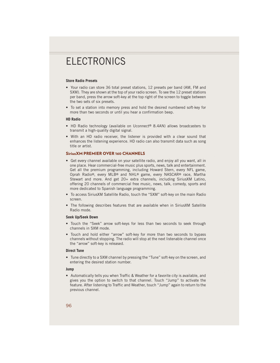 Siriusxm premier over 160 channels, Electronics | Jeep 2014 Grand Cherokee SRT - User Guide User Manual | Page 98 / 220