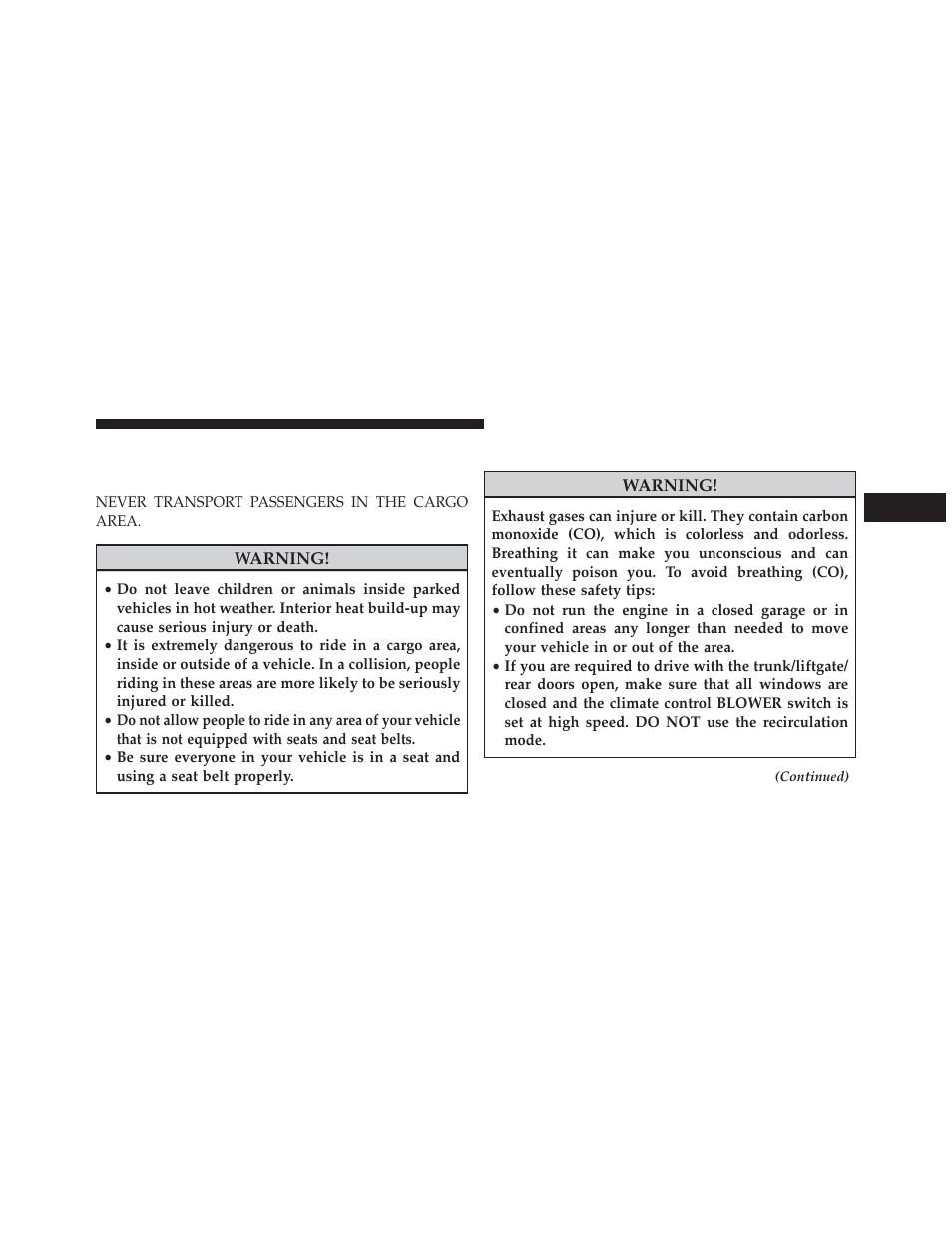 Safety tips, Transporting passengers, Exhaust gas | Jeep 2014 Grand Cherokee SRT - Owner Manual User Manual | Page 113 / 613