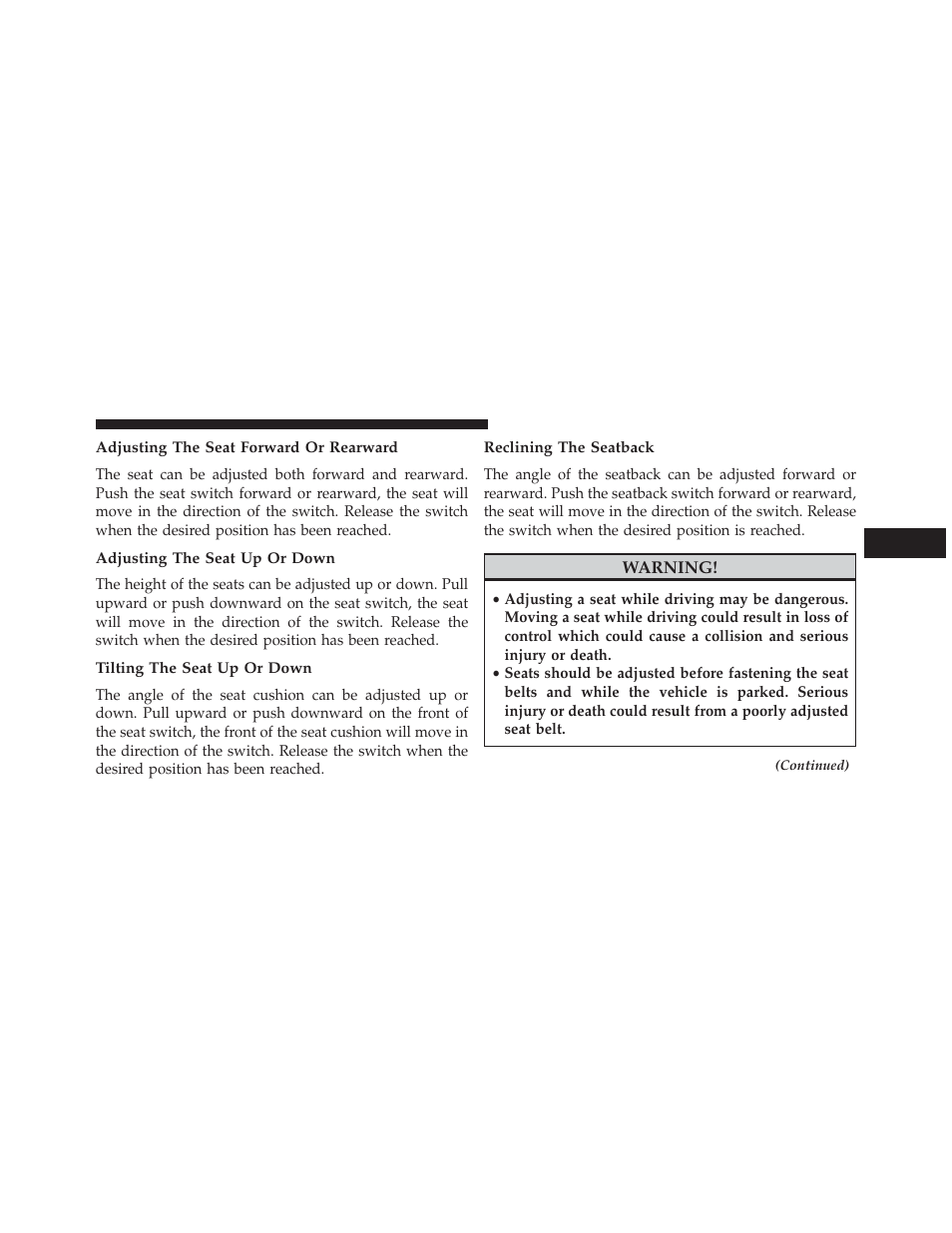 Adjusting the seat forward or rearward, Adjusting the seat up or down, Tilting the seat up or down | Reclining the seatback | Jeep 2014 Grand Cherokee SRT - Owner Manual User Manual | Page 149 / 613