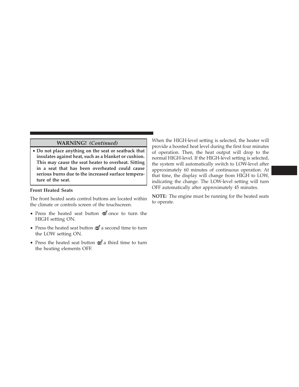Front heated seats | Jeep 2014 Grand Cherokee SRT - Owner Manual User Manual | Page 155 / 613