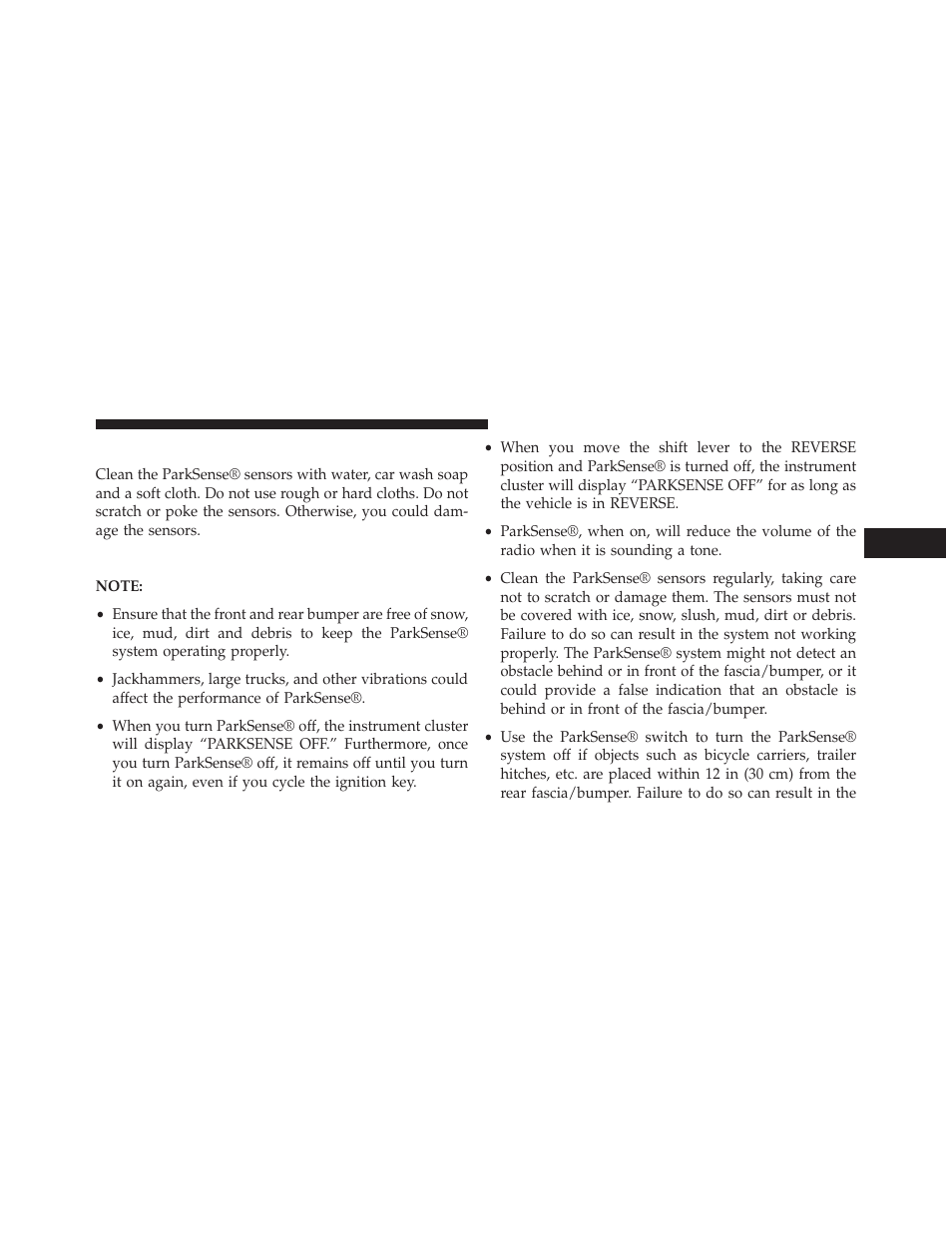 Cleaning the parksense® system, Parksense® system usage precautions | Jeep 2014 Grand Cherokee SRT - Owner Manual User Manual | Page 239 / 613