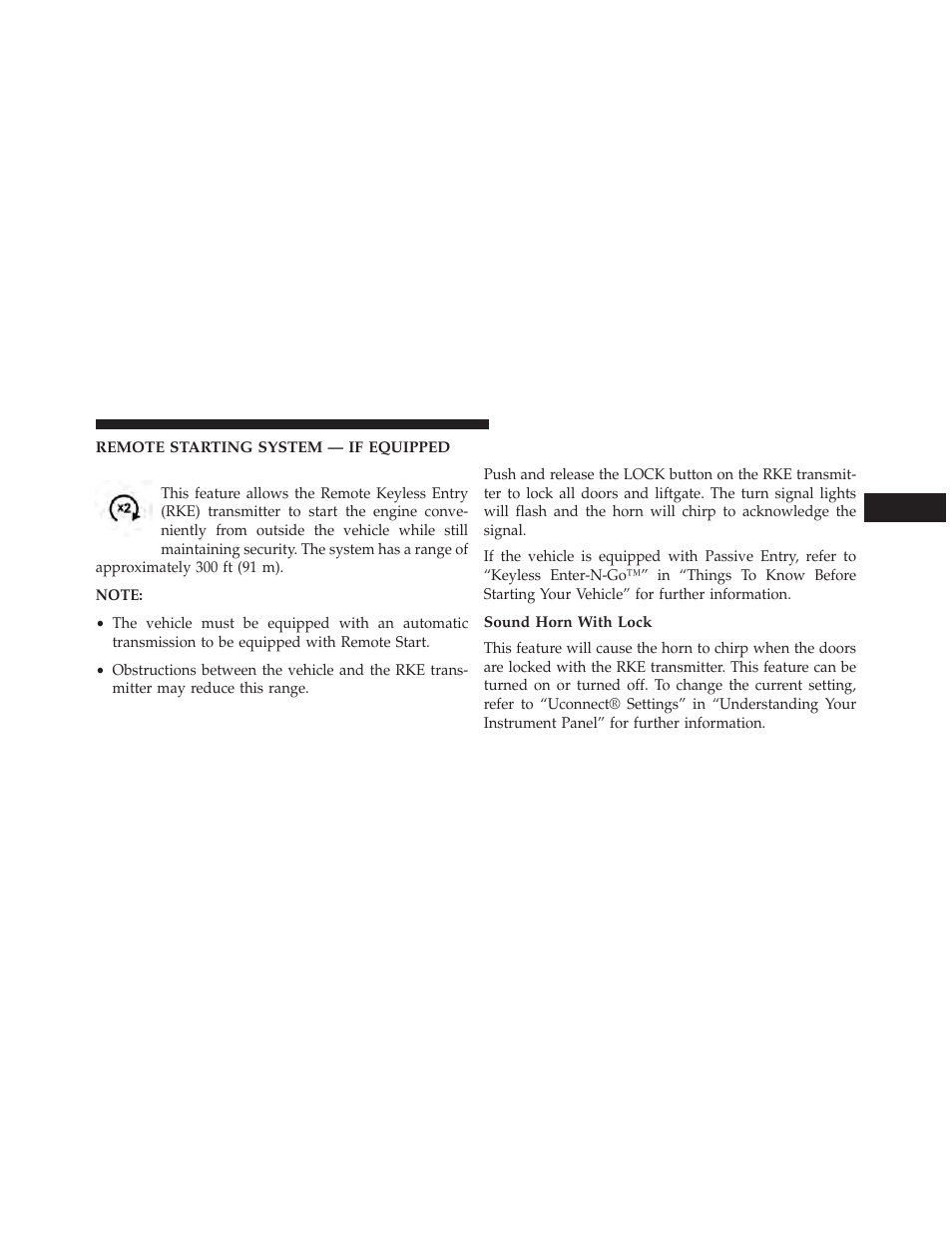 Remote starting system — if equipped, To lock the doors and liftgate, Sound horn with lock | Jeep 2014 Grand Cherokee SRT - Owner Manual User Manual | Page 27 / 613