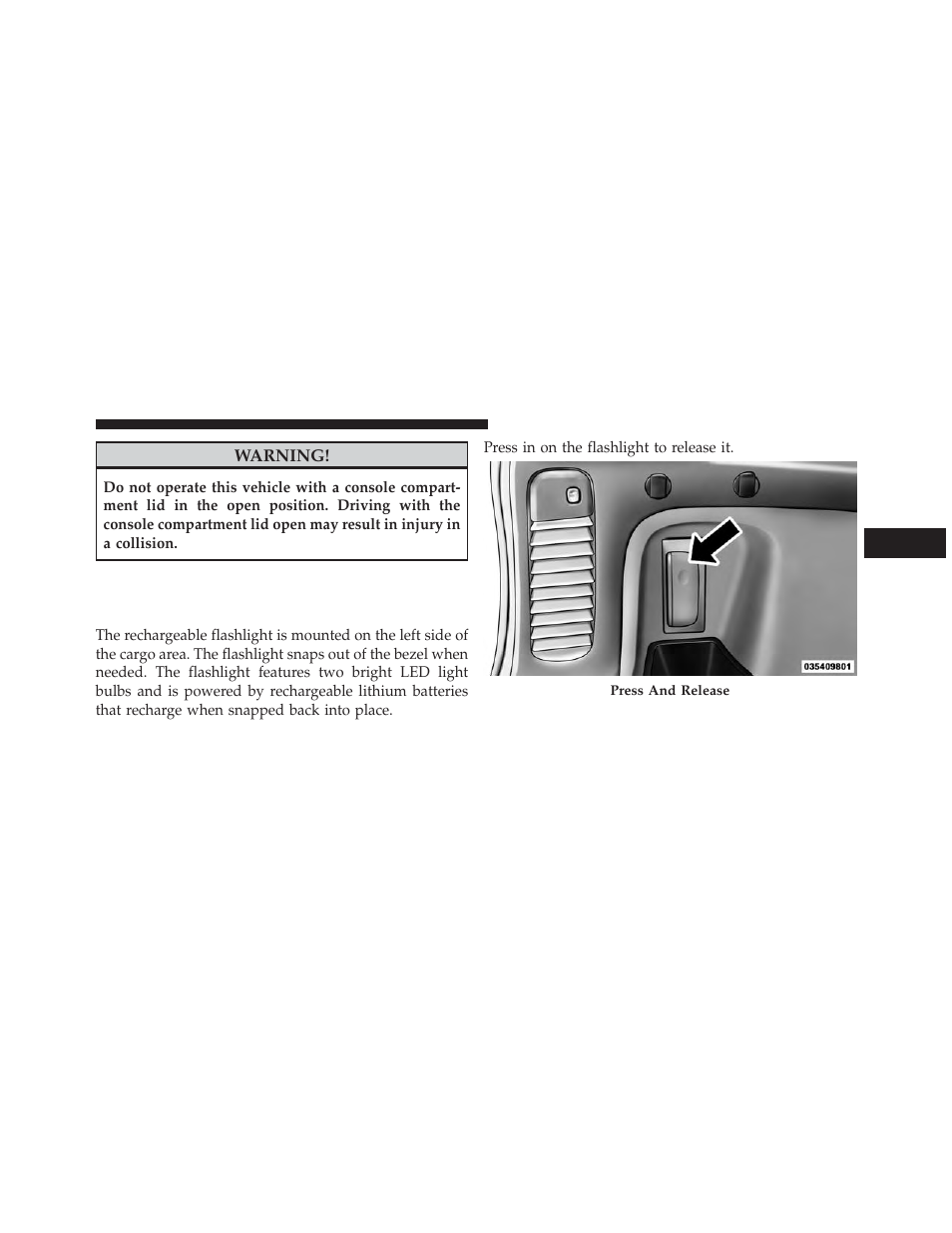 Cargo area features, Rechargeable flashlight | Jeep 2014 Grand Cherokee SRT - Owner Manual User Manual | Page 275 / 613