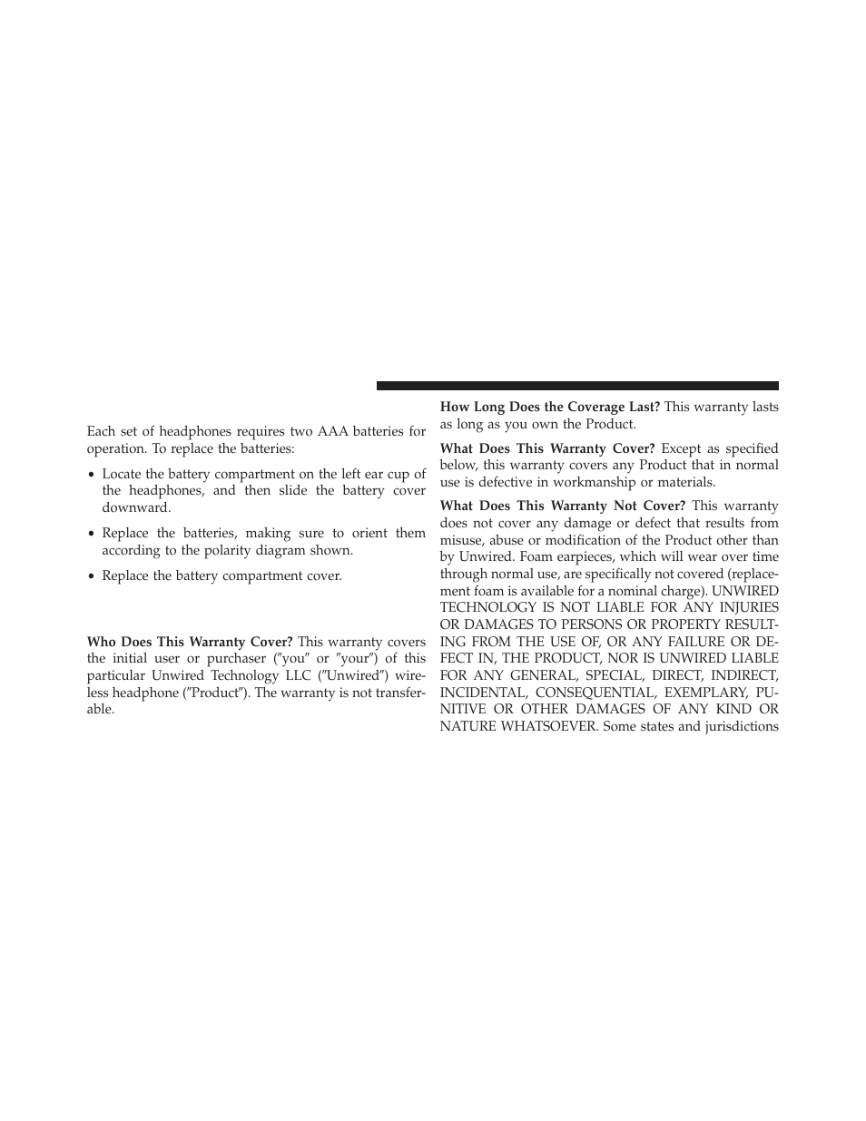 Replacing the headphone batteries, Unwired® stereo headphone lifetime, Limited warranty | Jeep 2014 Grand Cherokee SRT - Owner Manual User Manual | Page 356 / 613