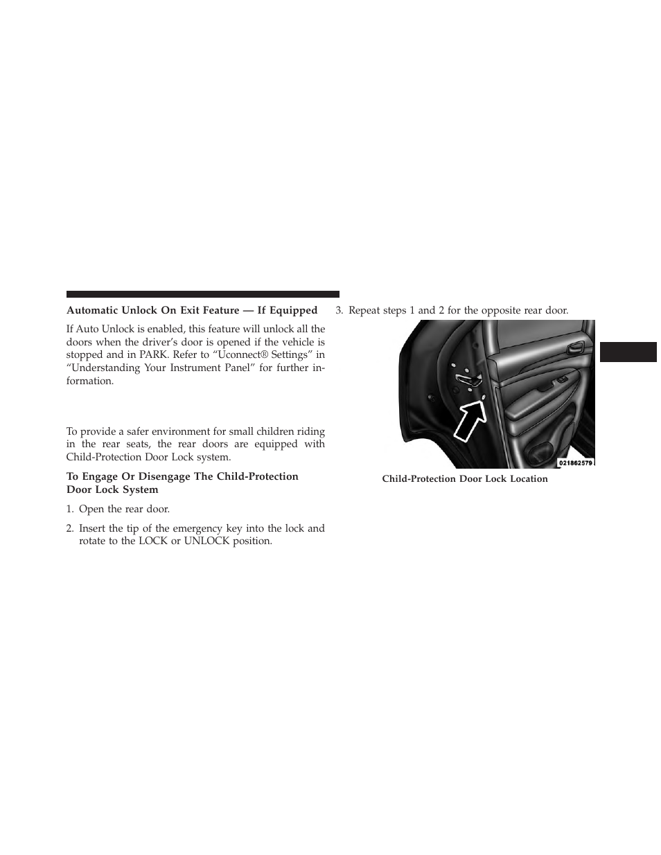 Automatic unlock on exit feature — if equipped, Child-protection door lock system — rear doors, Child-protection door lock system | Rear doors | Jeep 2014 Grand Cherokee SRT - Owner Manual User Manual | Page 37 / 613