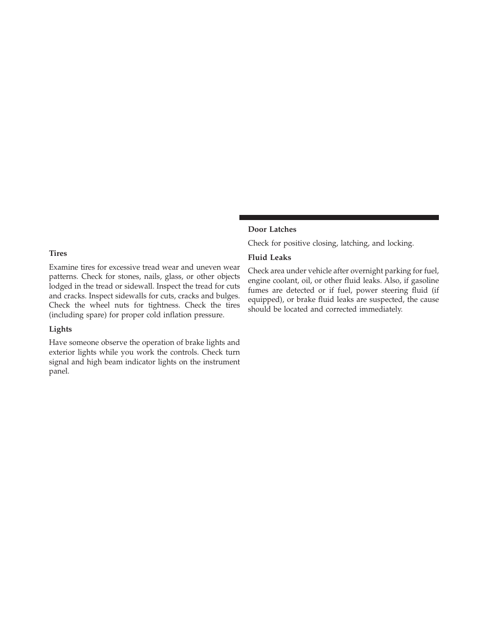 Tires, Lights, Door latches | Fluid leaks, Periodic safety checks you should make, Outside the vehicle | Jeep 2014 Patriot - Owner Manual User Manual | Page 102 / 568