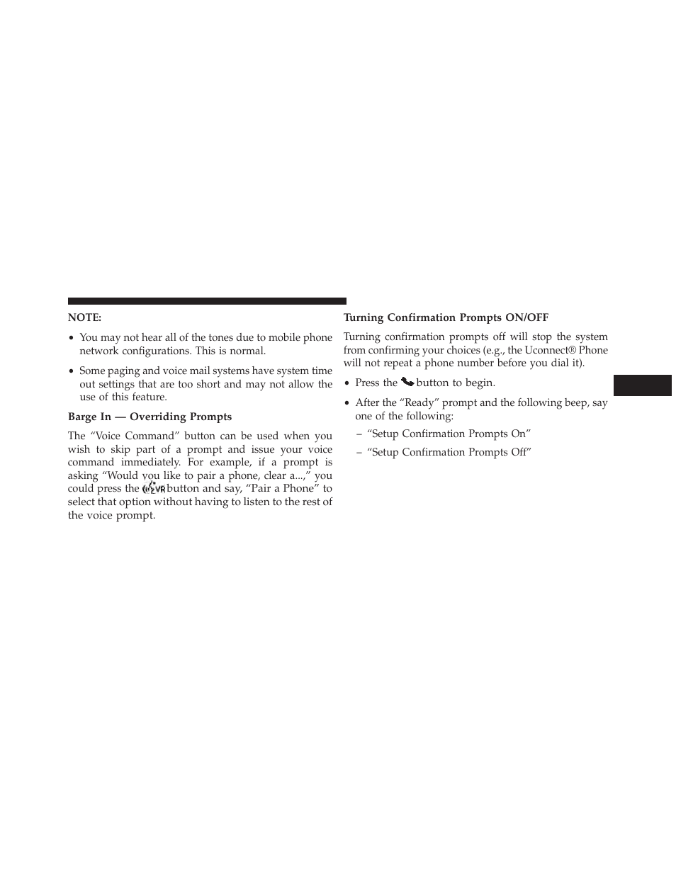 Barge in — overriding prompts, Turning confirmation prompts on/off | Jeep 2014 Patriot - Owner Manual User Manual | Page 129 / 568