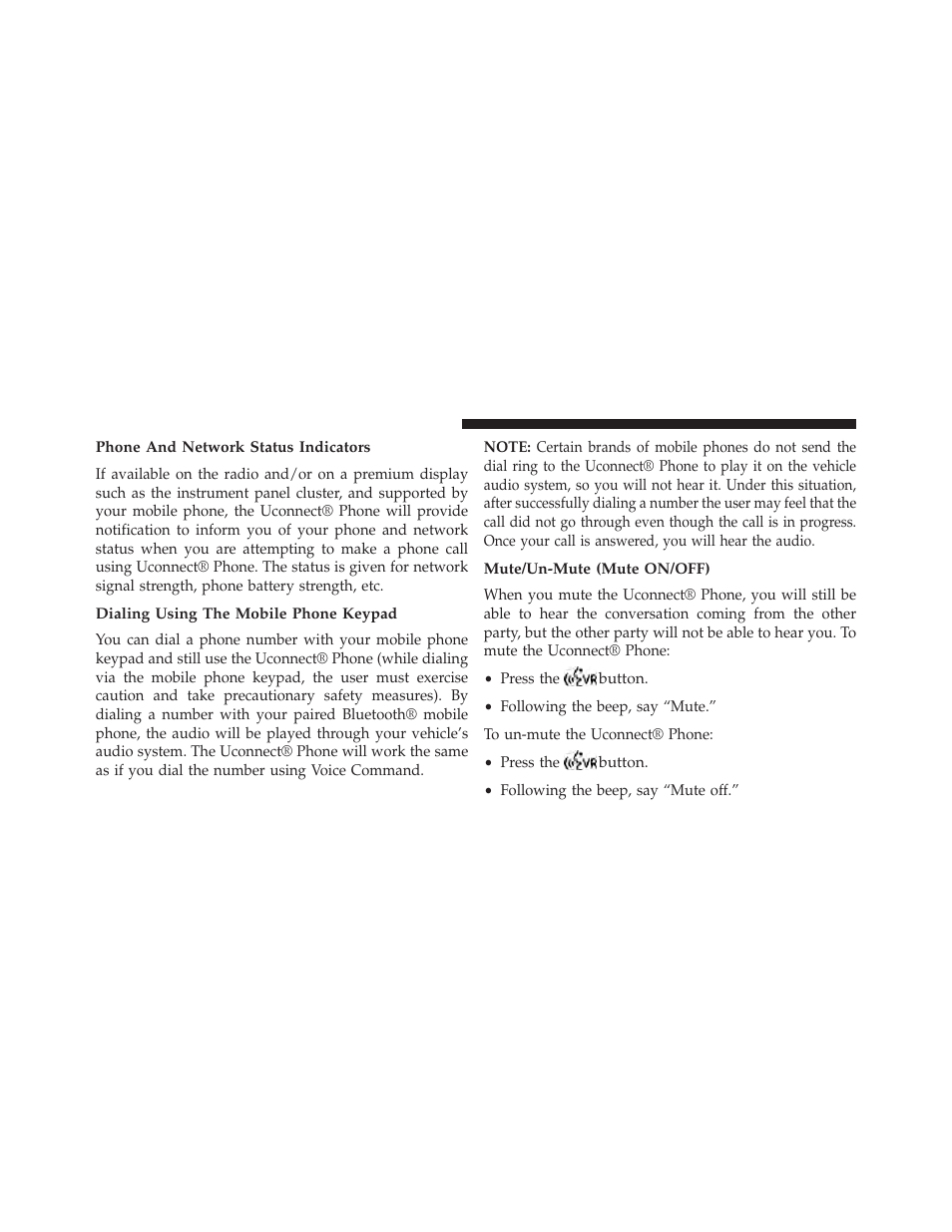 Phone and network status indicators, Dialing using the mobile phone keypad, Mute/un-mute (mute on/off) | Jeep 2014 Patriot - Owner Manual User Manual | Page 130 / 568