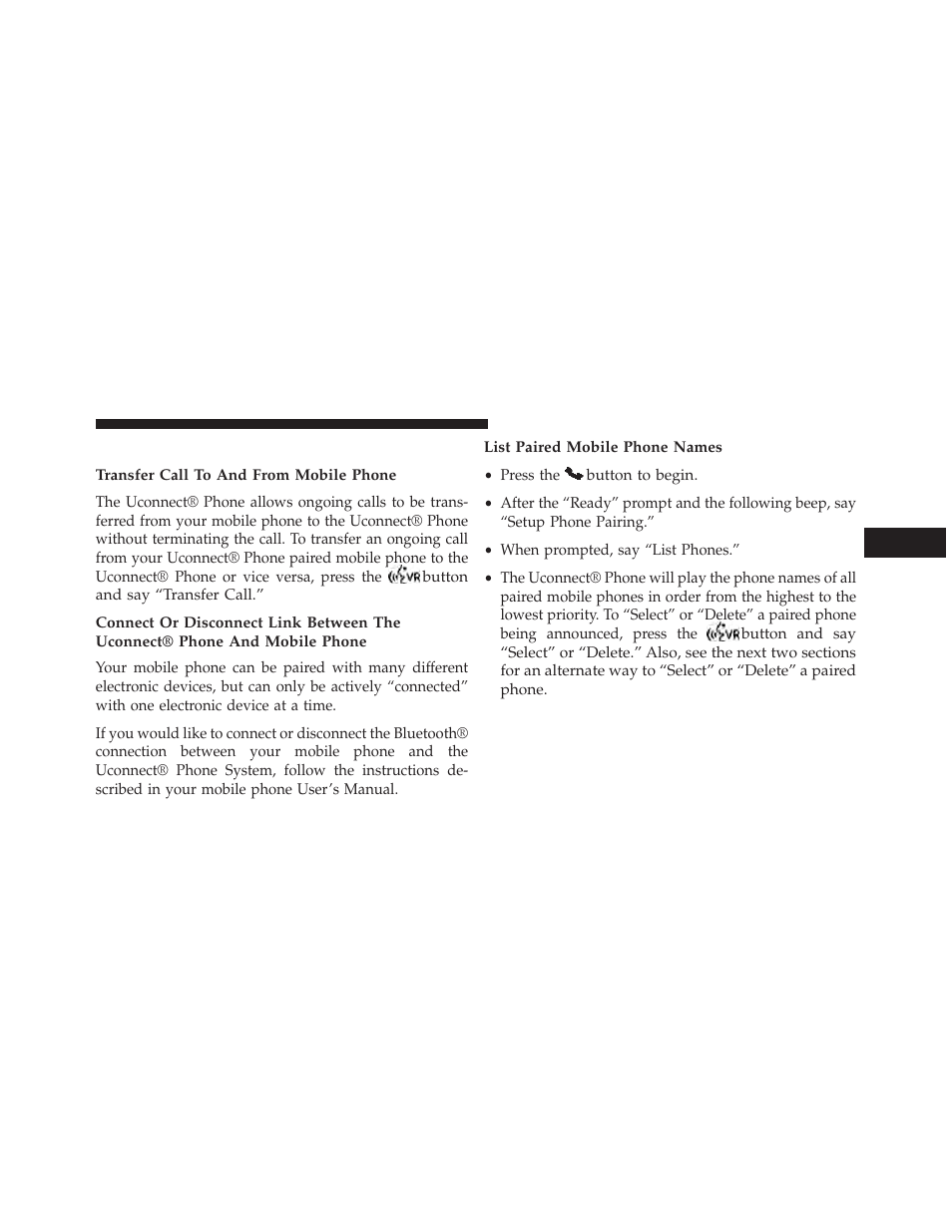 Advanced phone connectivity, Transfer call to and from mobile phone, List paired mobile phone names | Jeep 2014 Patriot - Owner Manual User Manual | Page 131 / 568