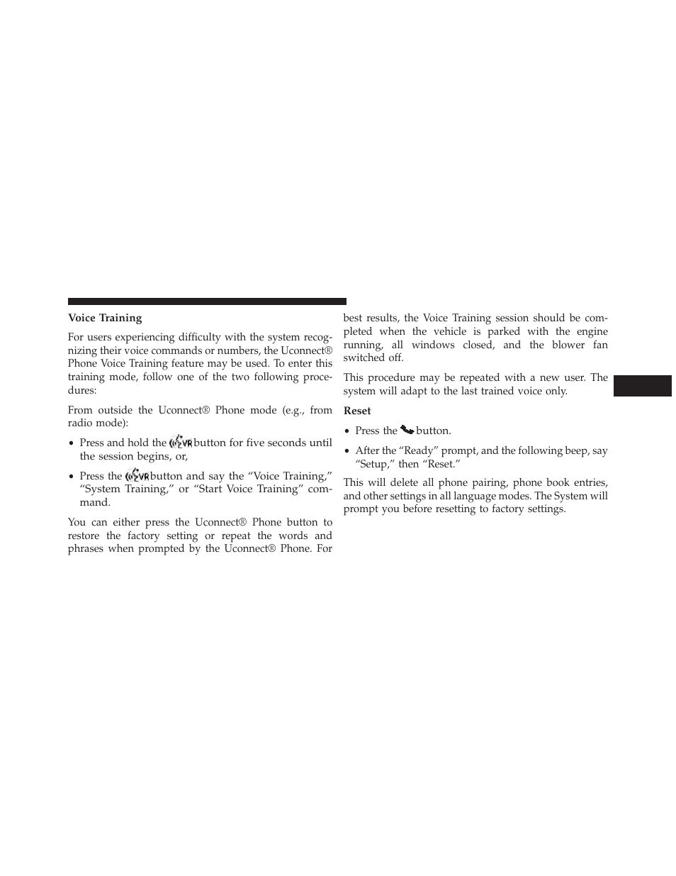 Voice training, Reset | Jeep 2014 Patriot - Owner Manual User Manual | Page 133 / 568