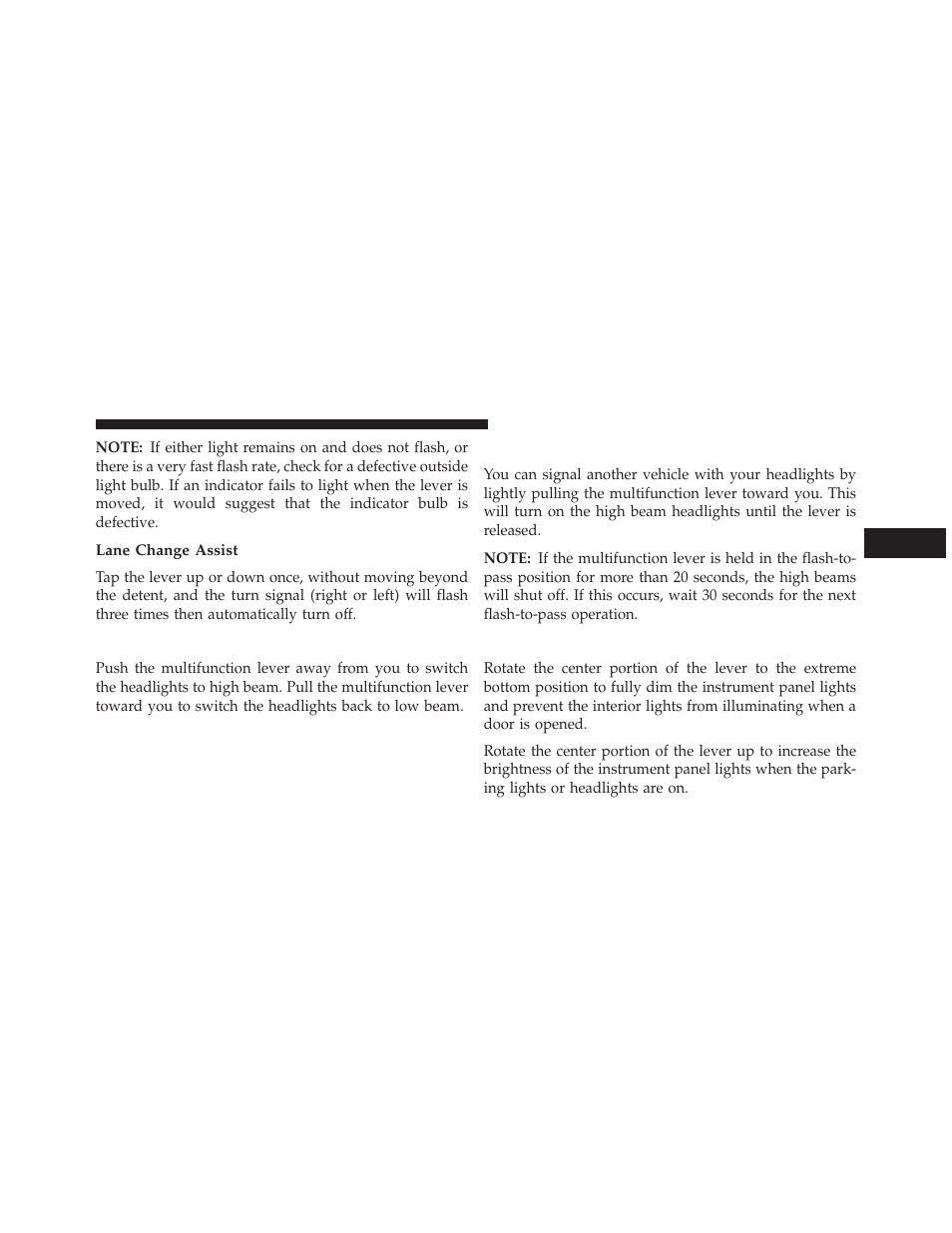 Lane change assist, High/low beam switch, Flash-to-pass | Instrument panel dimming | Jeep 2014 Patriot - Owner Manual User Manual | Page 169 / 568