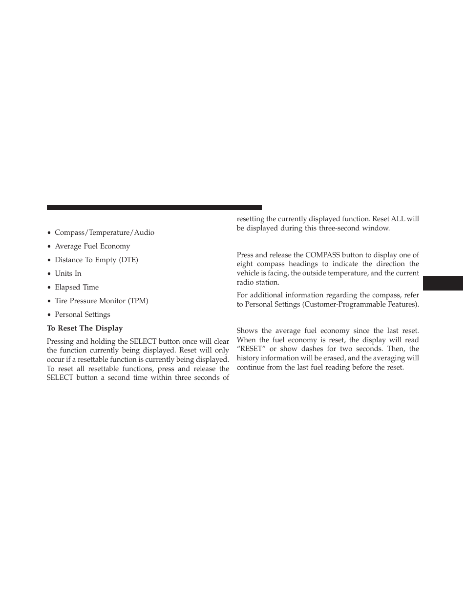 Evic functions, To reset the display, Compass/temperature/audio | Average fuel economy | Jeep 2014 Patriot - Owner Manual User Manual | Page 237 / 568