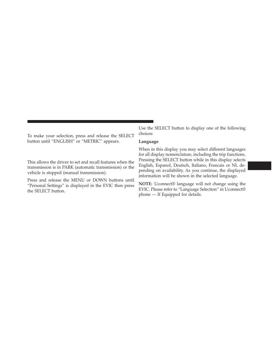 Display units of measure in, Personal settings (customer-programmable features), Language | Personal settings (customer-programmable, Features) | Jeep 2014 Patriot - Owner Manual User Manual | Page 239 / 568