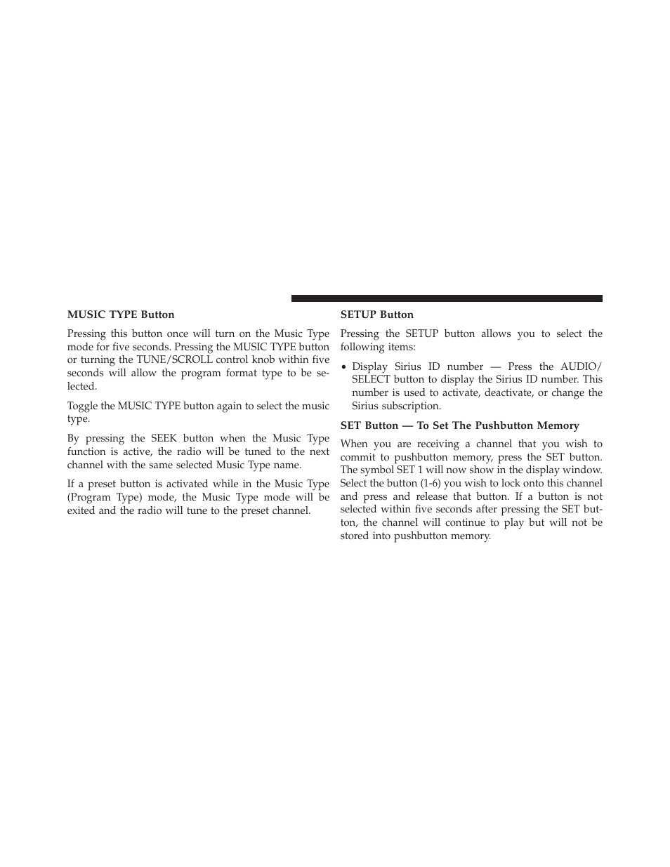 Music type button, Setup button, Set button — to set the pushbutton memory | Jeep 2014 Patriot - Owner Manual User Manual | Page 264 / 568