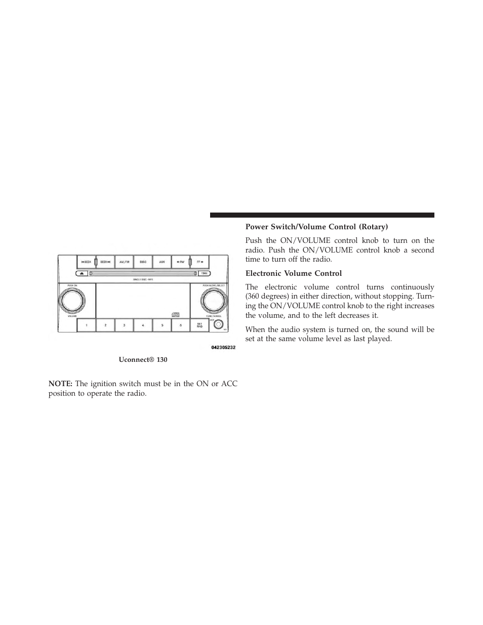 Uconnect® 130, Operating instructions — radio mode, Power switch/volume control (rotary) | Electronic volume control | Jeep 2014 Patriot - Owner Manual User Manual | Page 266 / 568