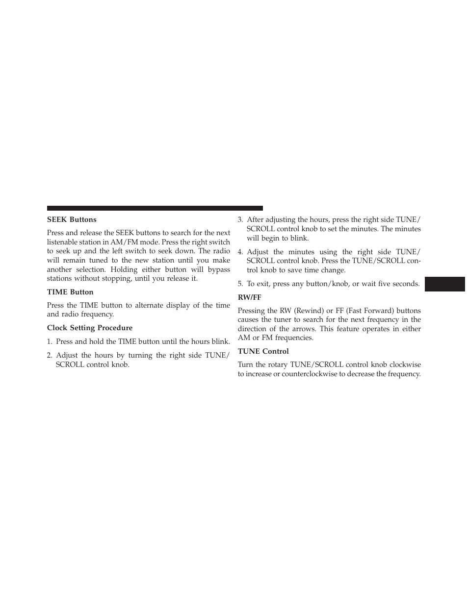 Seek buttons, Time button, Clock setting procedure | Rw/ff, Tune control | Jeep 2014 Patriot - Owner Manual User Manual | Page 267 / 568